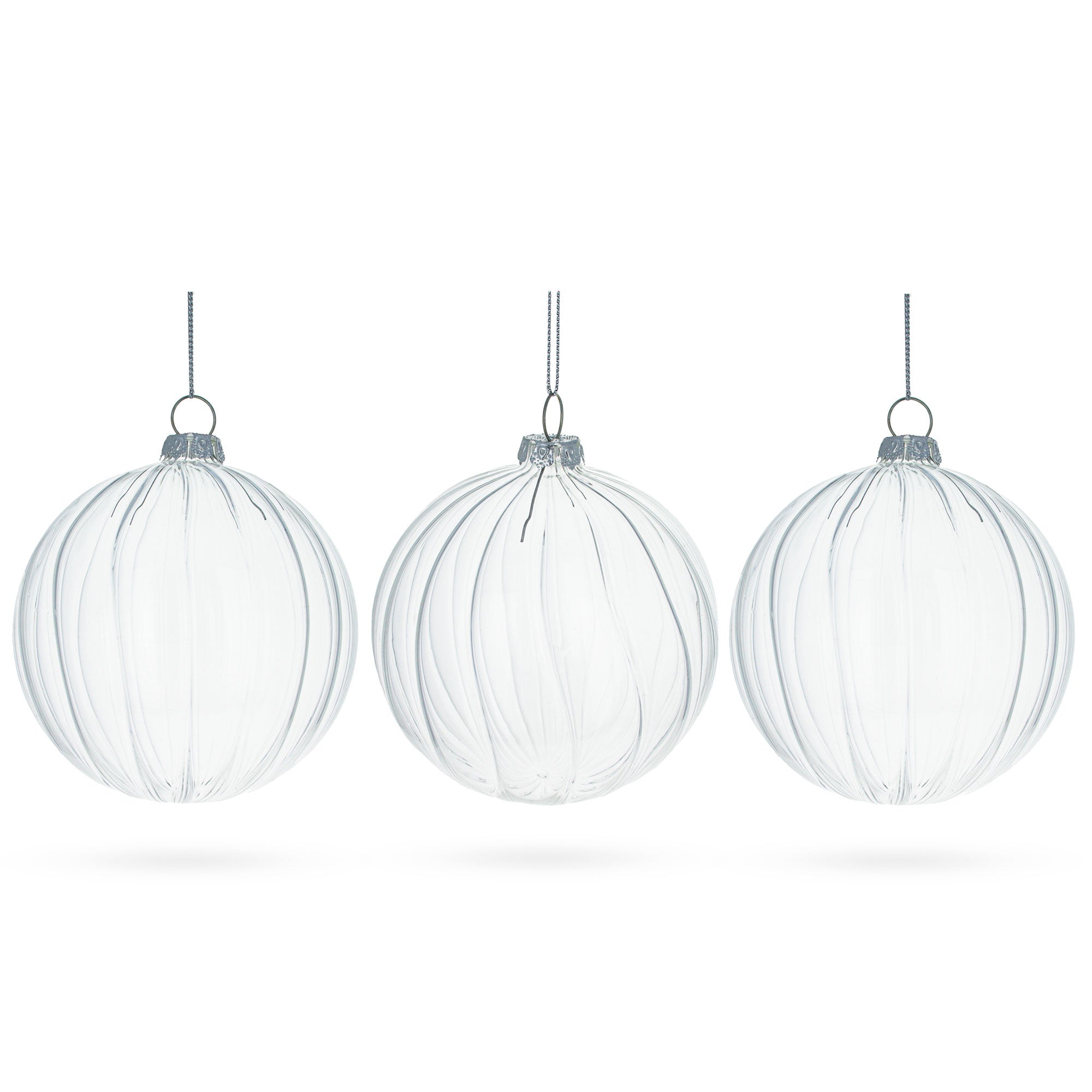 Elegant Set of 3 Striped Clear Glass Ball Christmas Ornaments 3.5 Inches BestPysanky