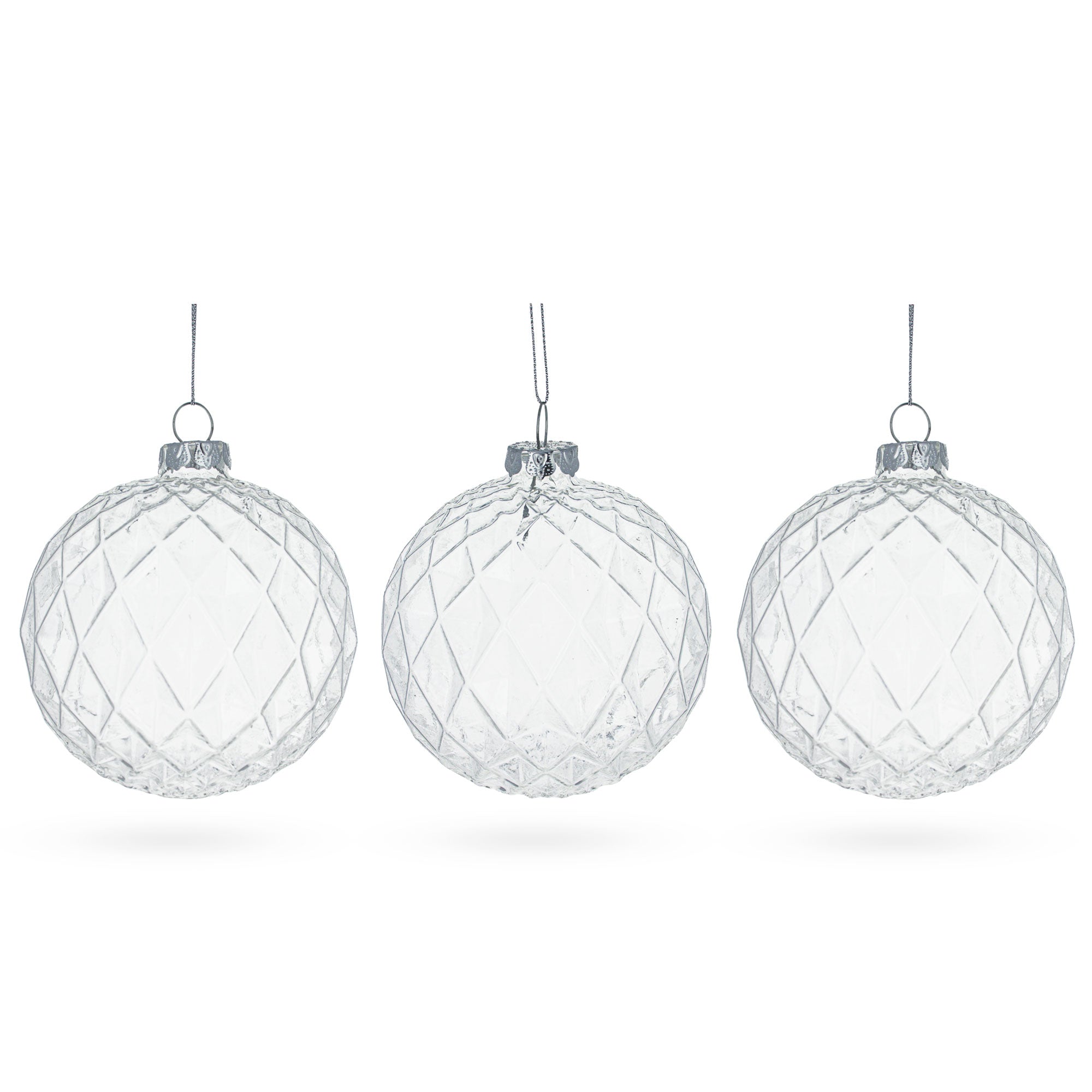 Set of 3 Ribbed Clear Glass Ball Christmas Ornaments 3.5 Inches