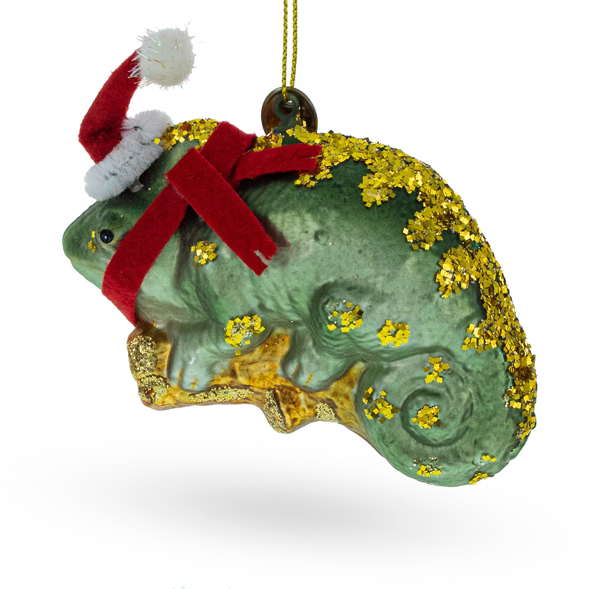 Chameleon in Santa Hat Glass Christmas Ornament