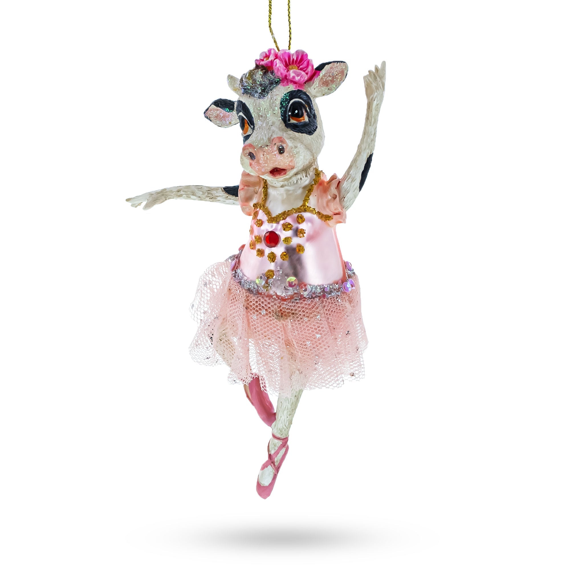 Ballerina Cow in Tutu Dancing Glass Christmas Ornament