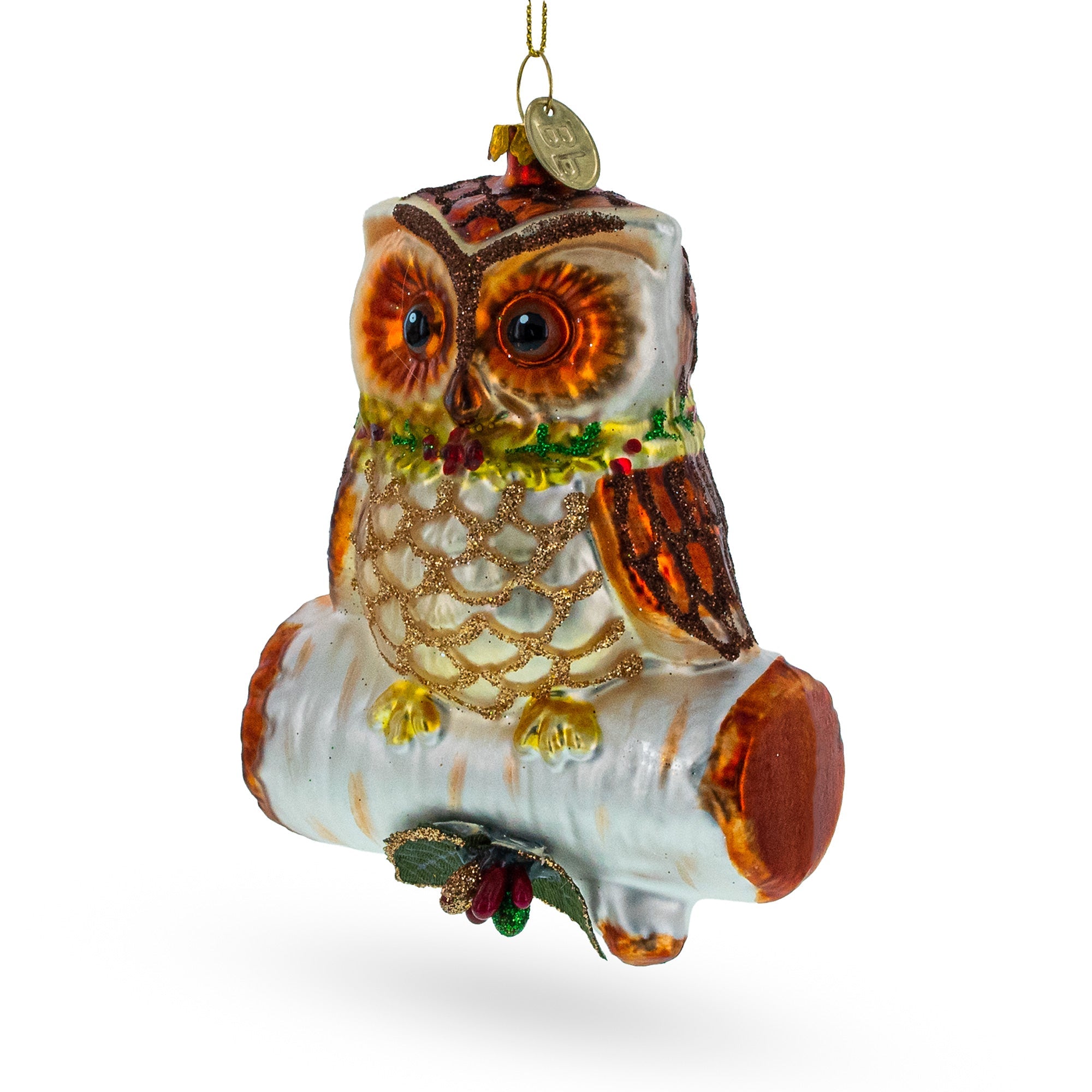 Wise Owl on Branch Glass Christmas Ornament