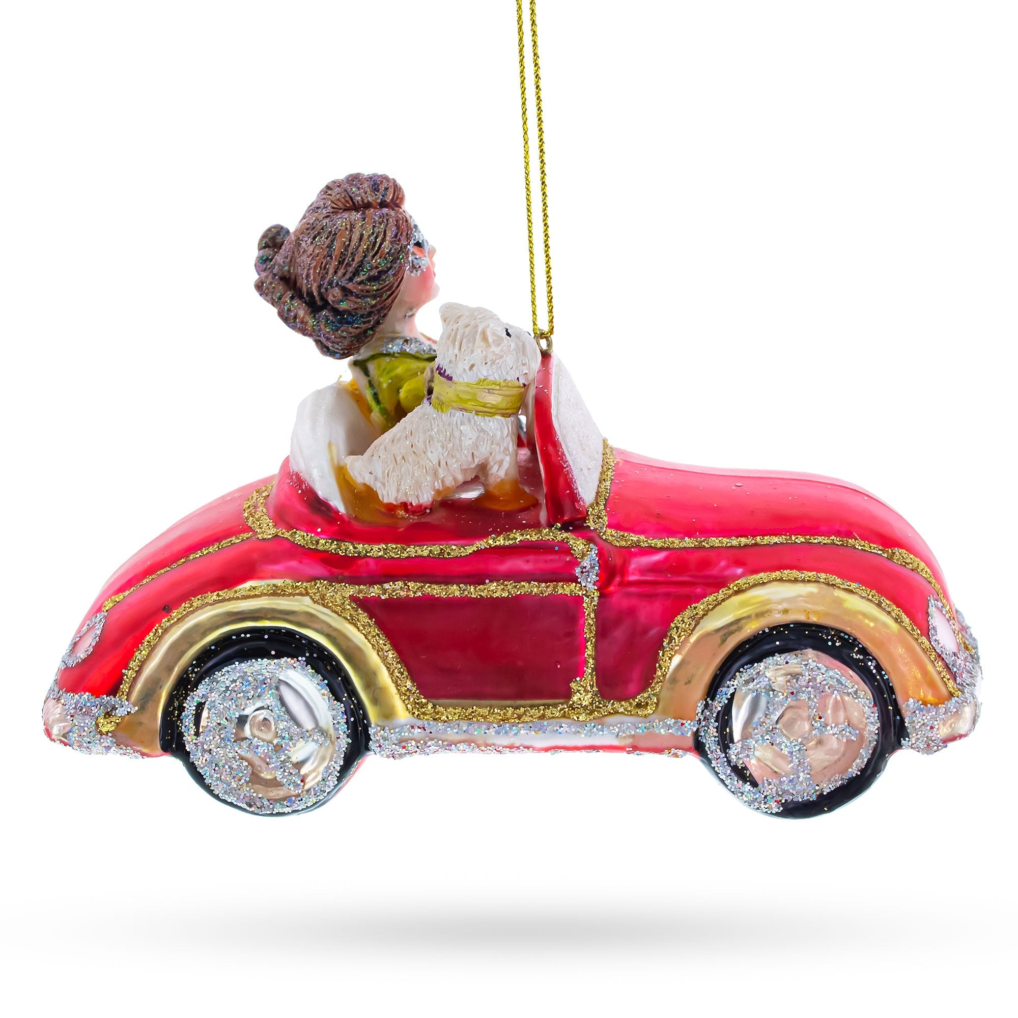 Stylish Woman Driving Pink Cabriolet Glass Christmas Ornament BestPysanky