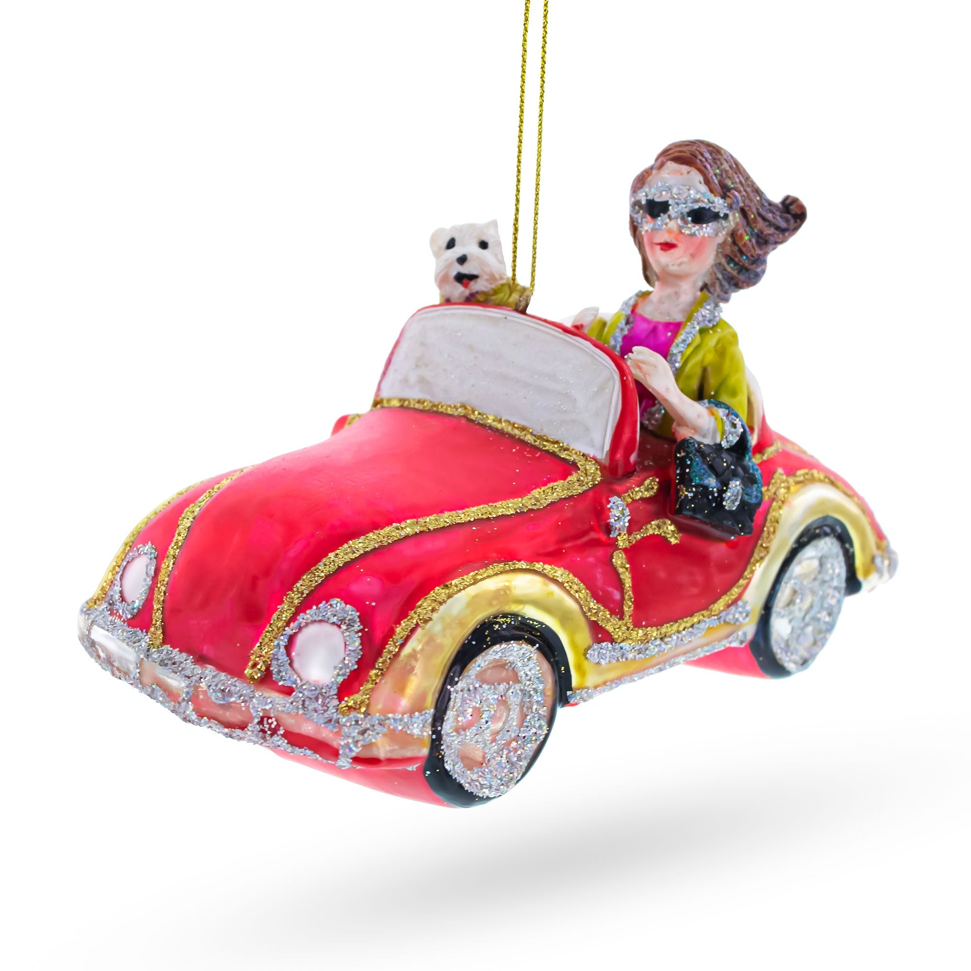 Stylish Woman Driving Pink Cabriolet Glass Christmas Ornament BestPysanky