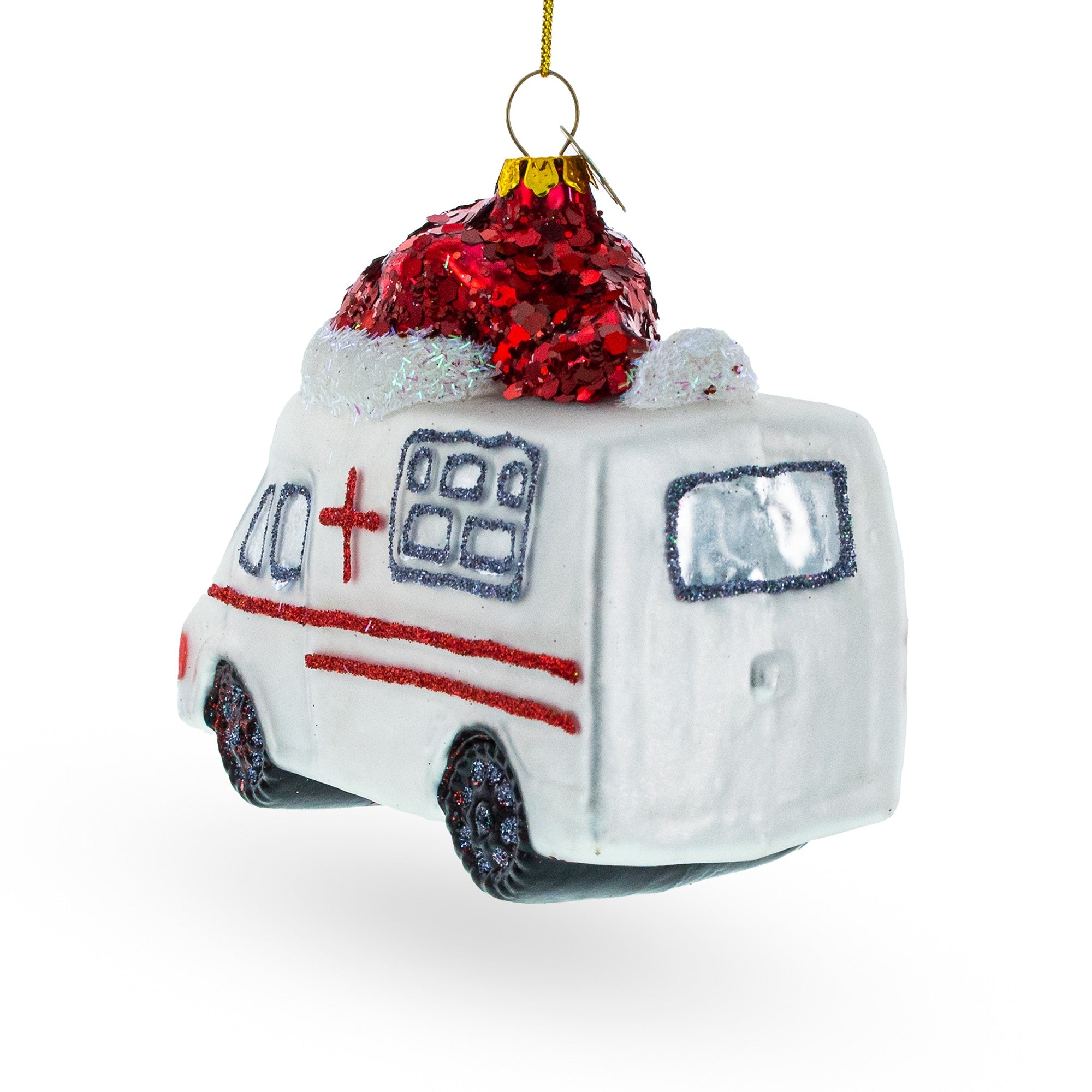Ambulance in a Santa Hat Glass Christmas Ornament