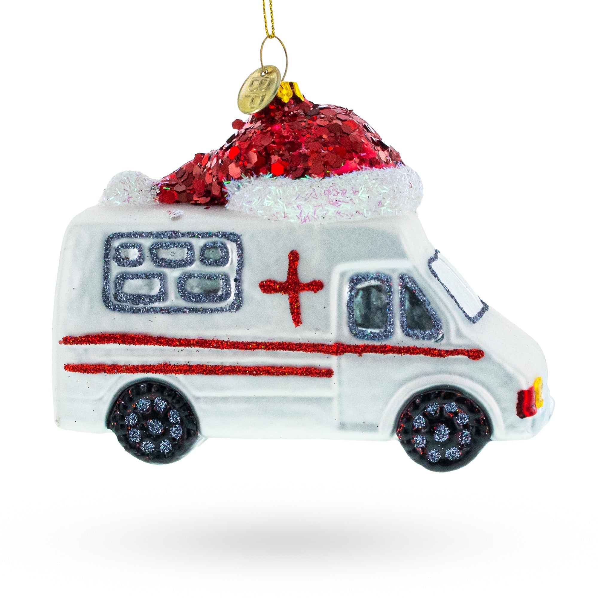 Ambulance in a Santa Hat Glass Christmas Ornament