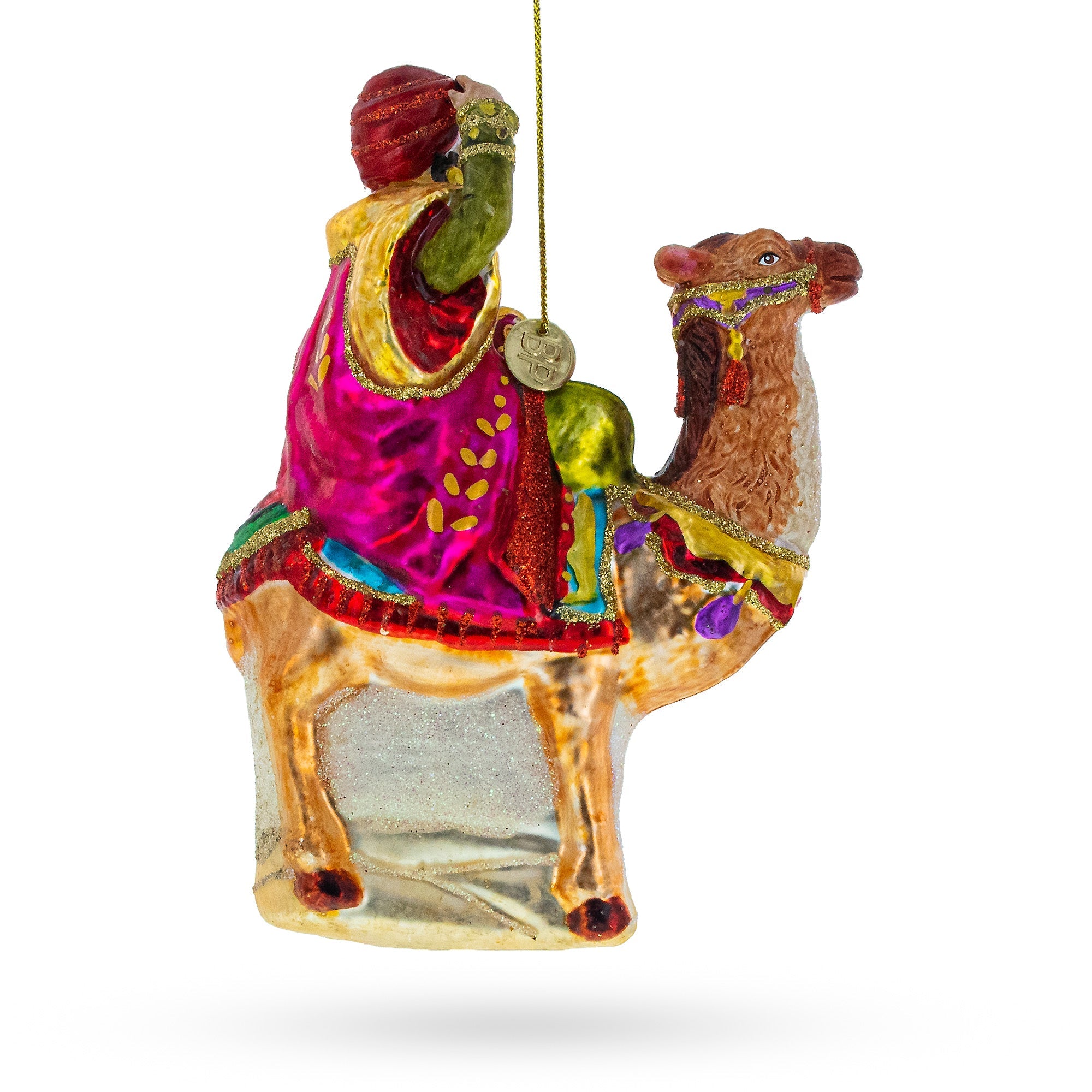Majestic Wiseman with Gifts on Camel Glass Christmas Ornament