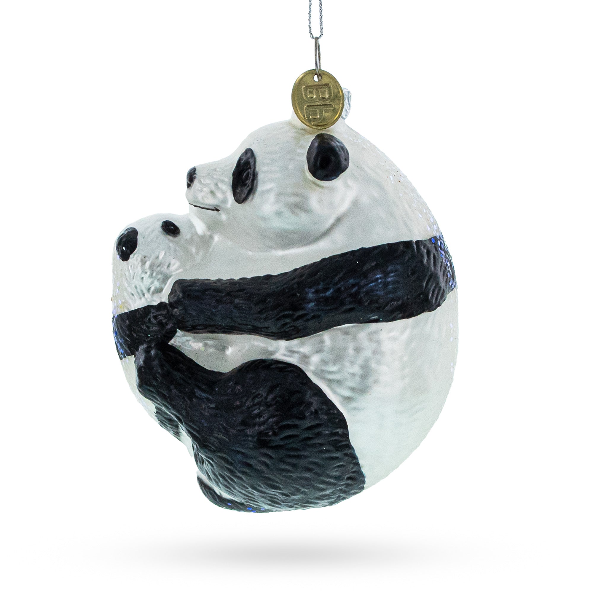 Mother and Baby Panda Embrace Glass Christmas Ornament