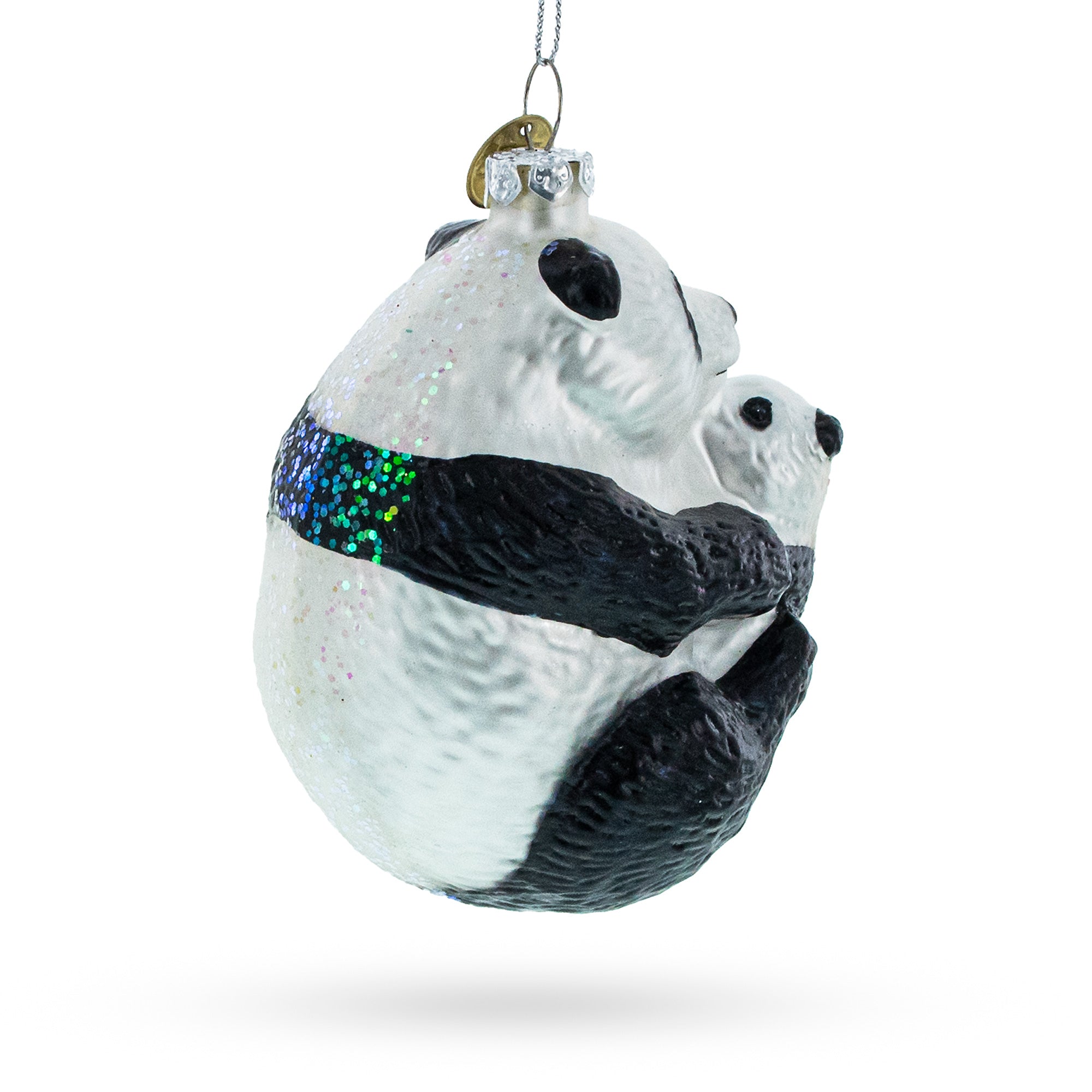 Mother and Baby Panda Embrace Glass Christmas Ornament