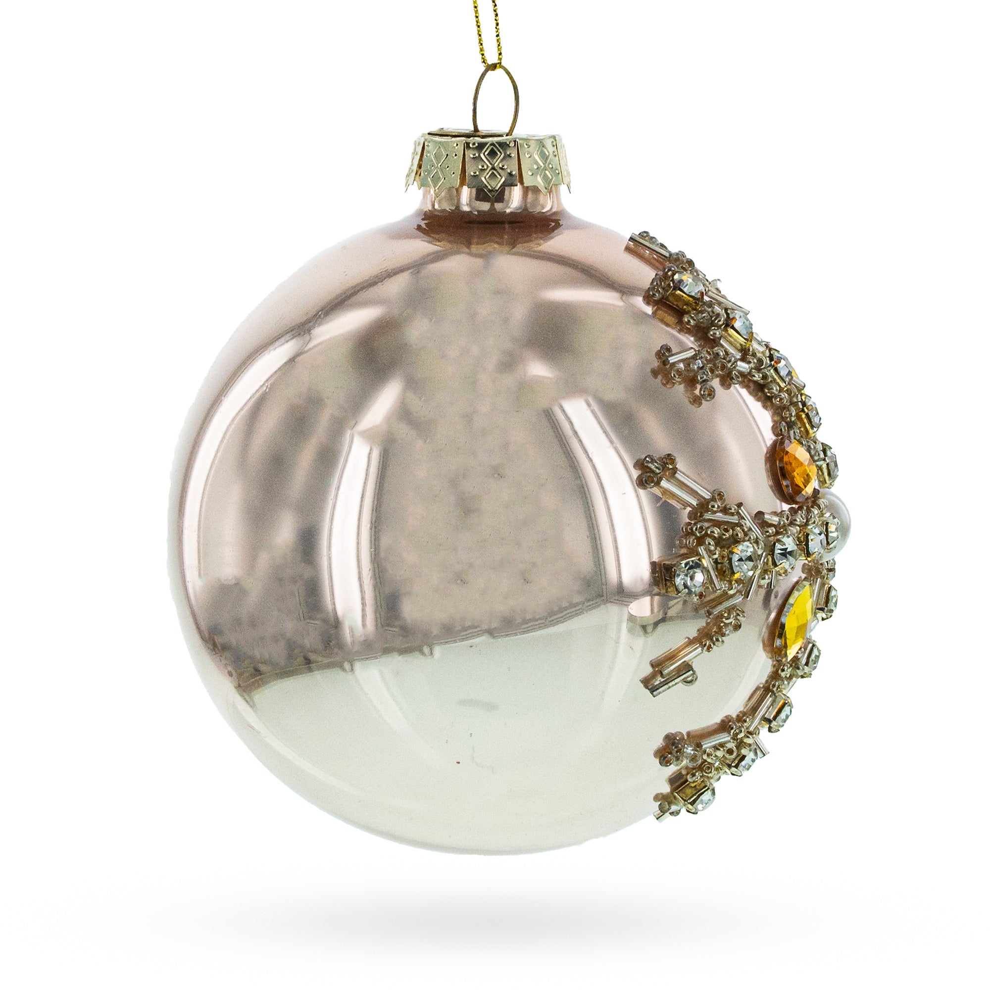 Rose Gold and Yellow Bejeweled Glass Egg Christmas Ornament