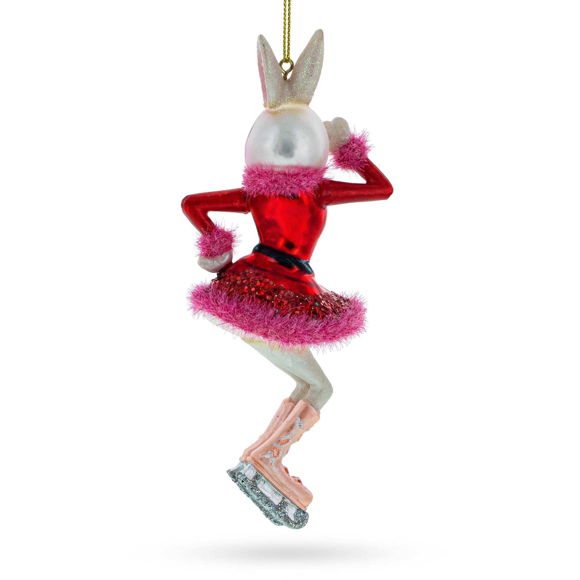 Bunny Ice Skater In Red Dress Glass Christmas Ornament