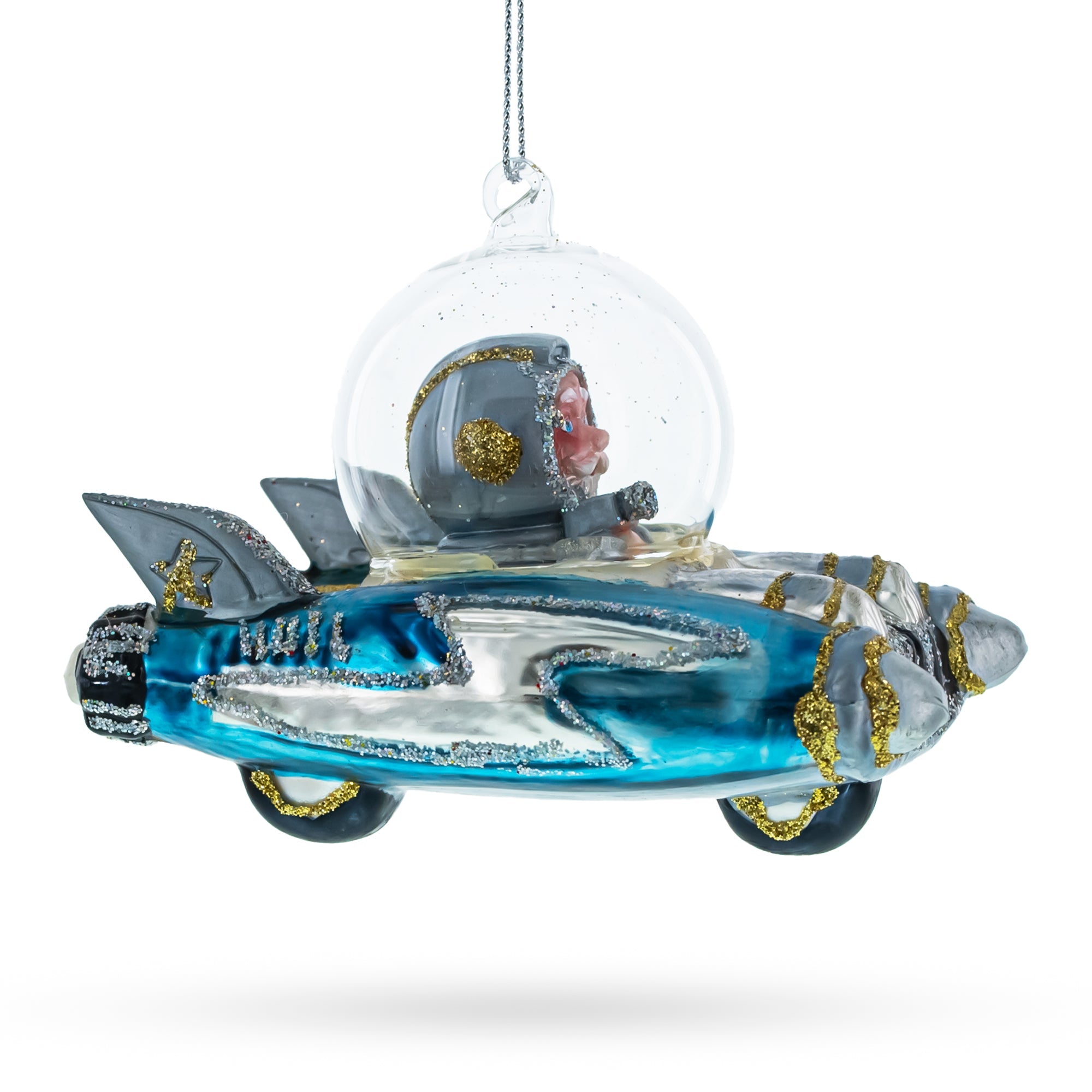 Santa Riding Spaceship Glass Christmas Ornament