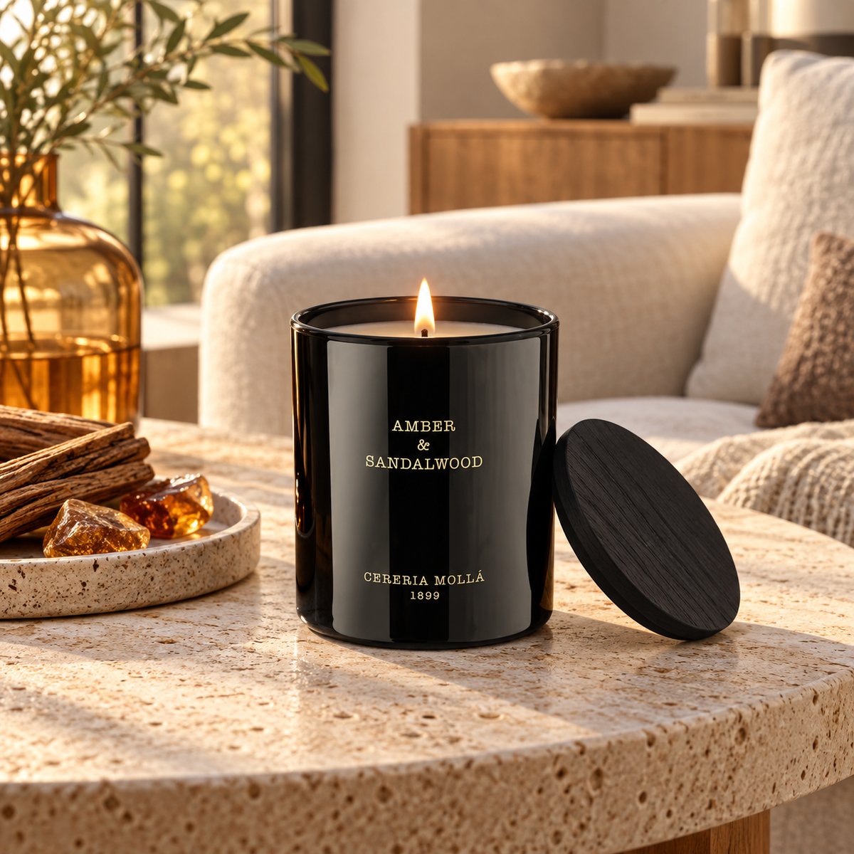 Cereria Molla Amber & Sandalwood 230 g candle in a luxury living room
