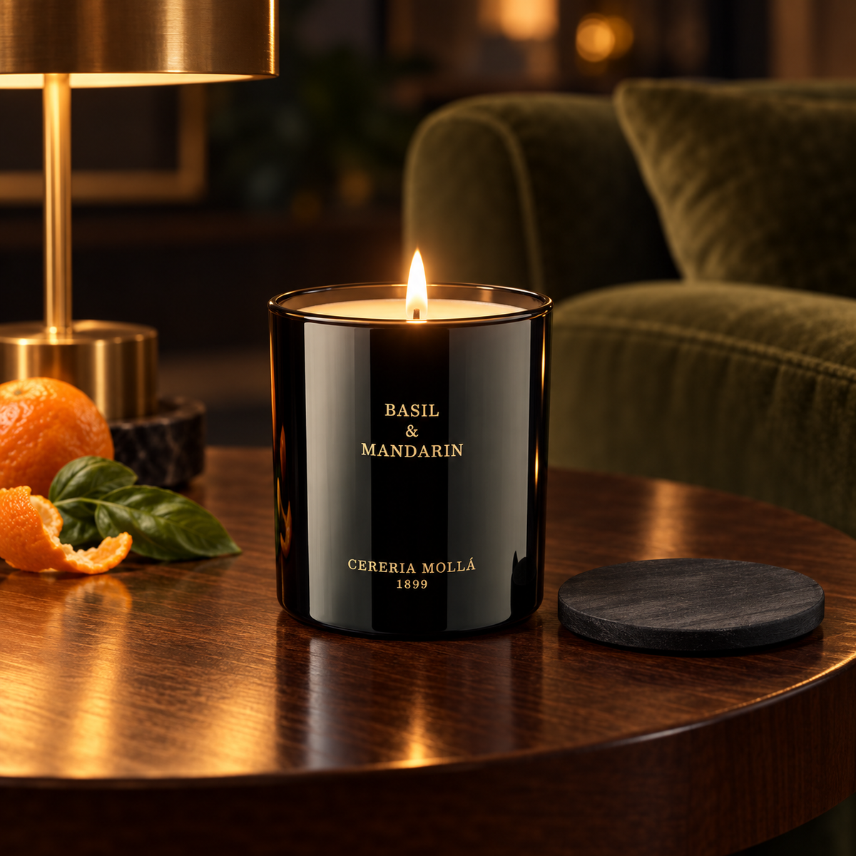 Cereria Molla Basil & Mandarin 230 g candle in an elegant evening lounge
