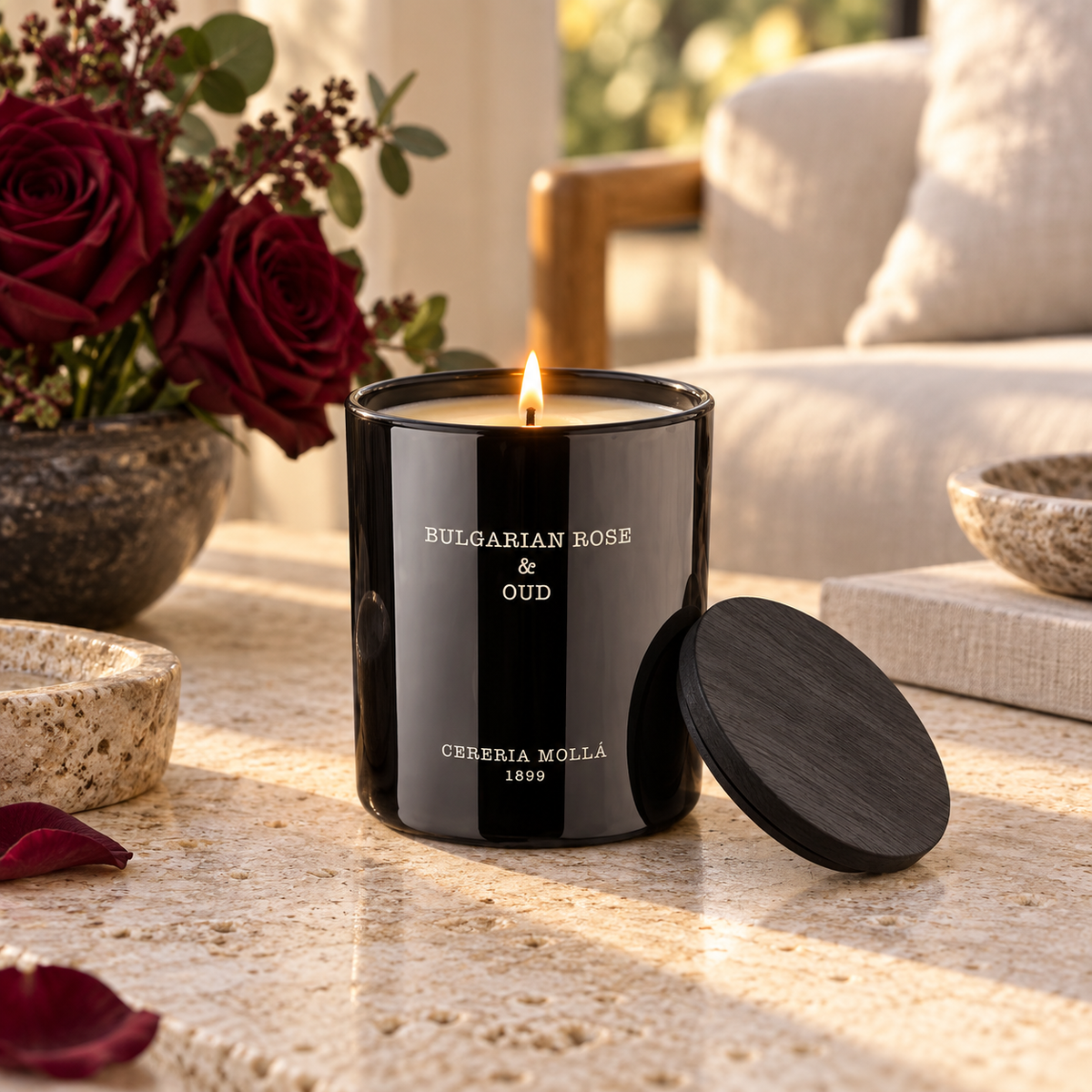 Cereria Molla Bulgarian Rose & Oud 230 g candle in a refined living room