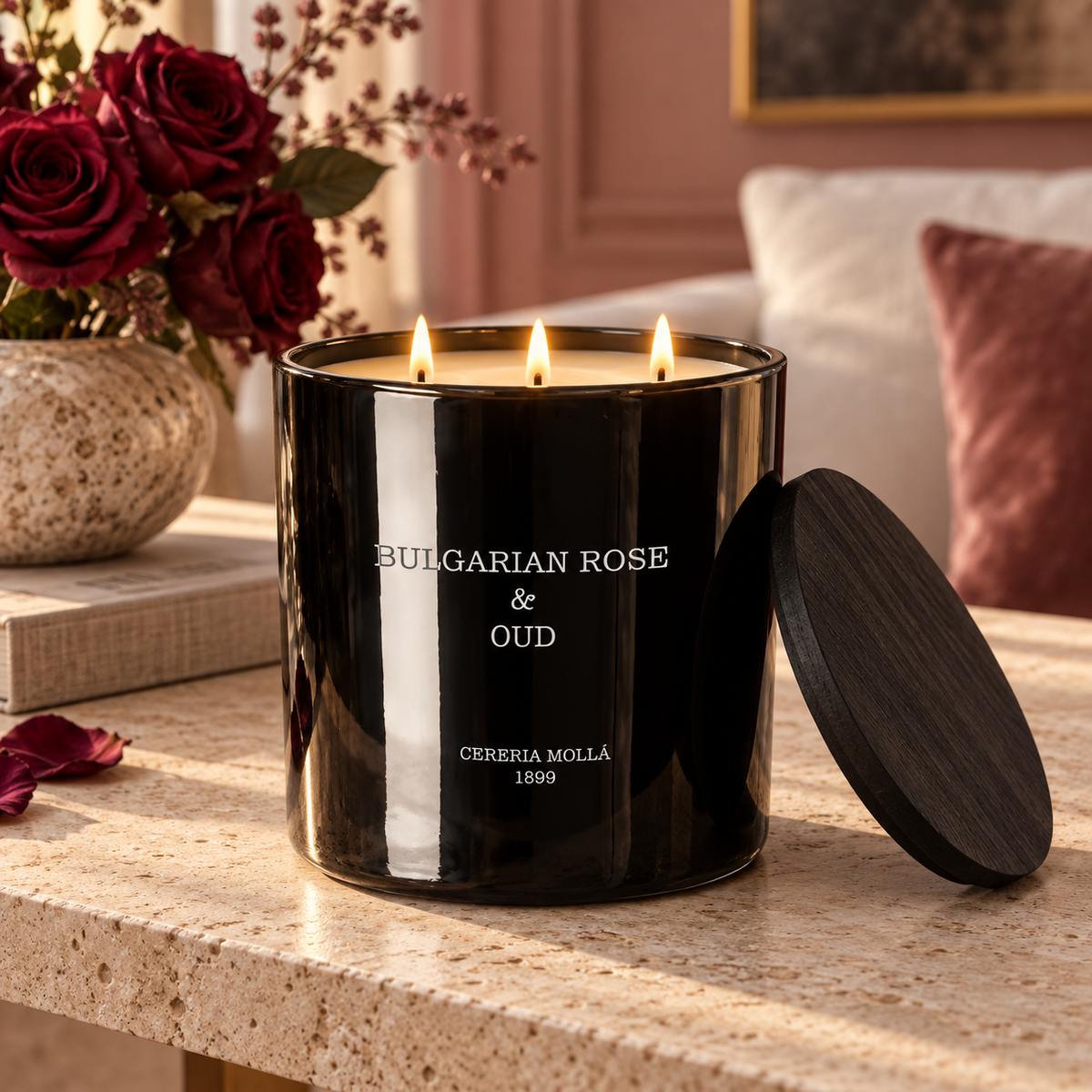 Cereria Molla Bulgarian Rose & Oud 3-wick XL candle in a refined living room