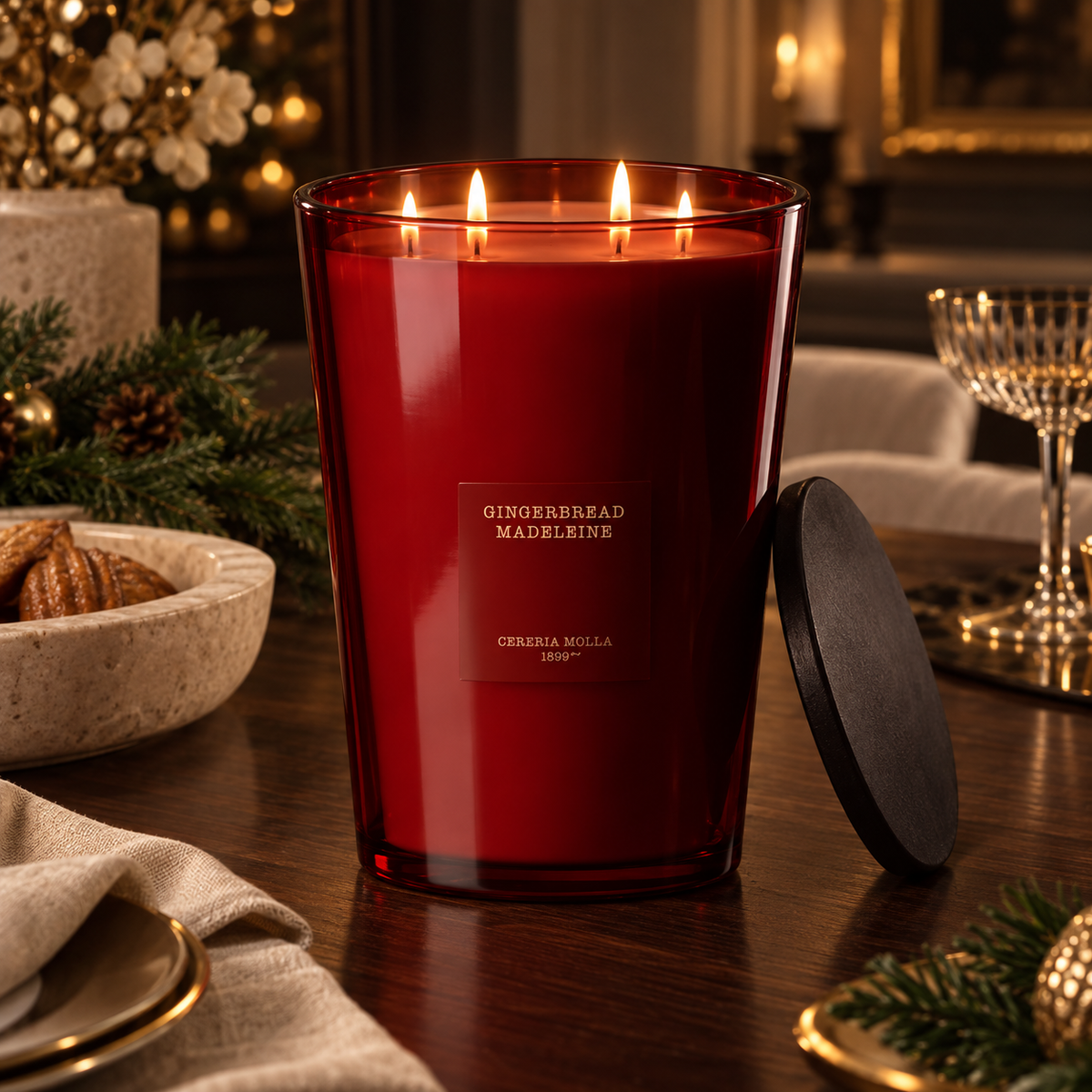 Cereria Molla Gingerbread Madeleine XXL candle in an elegant holiday dining room