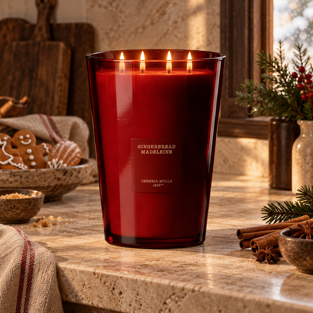 Cereria Molla Gingerbread Madeleine XXL candle in a luxury holiday kitchen