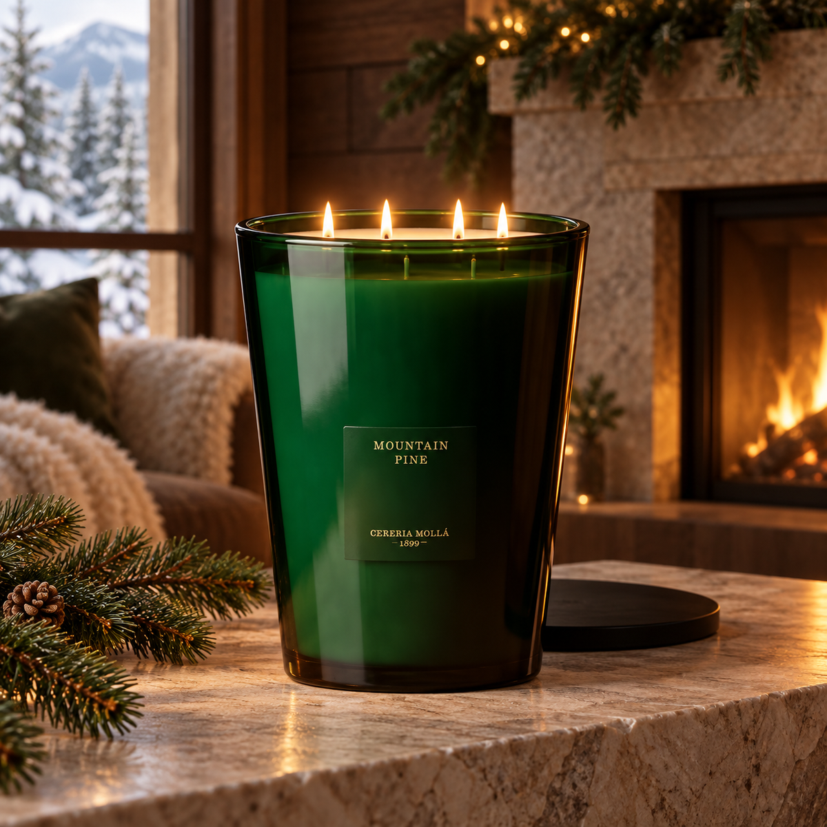 Cereria Molla Mountain Pine XXL candle in a luxury winter chalet