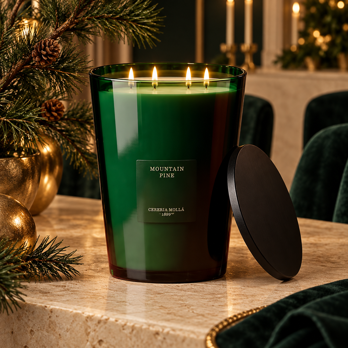 Cereria Molla Mountain Pine XXL candle in an elegant holiday dining room