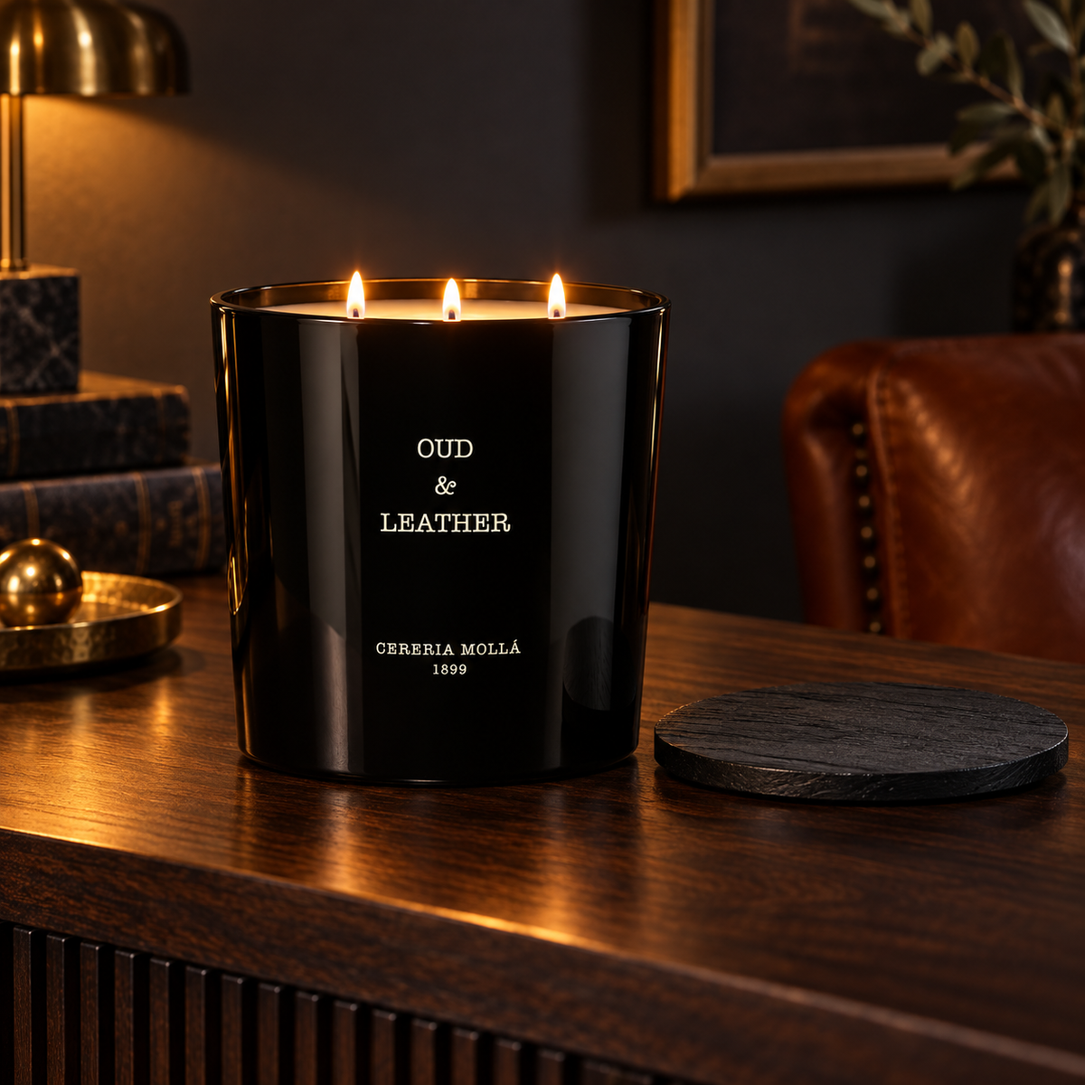Cereria Molla Oud & Leather 600 g XL candle in a sophisticated evening study