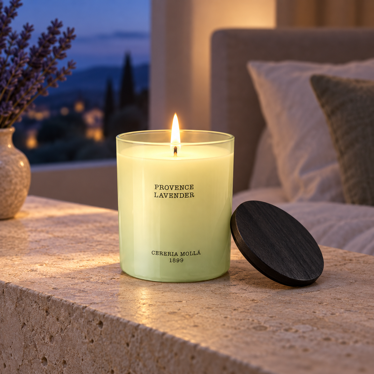 Cereria Molla Provence Lavender 230 g candle in an elegant evening interior