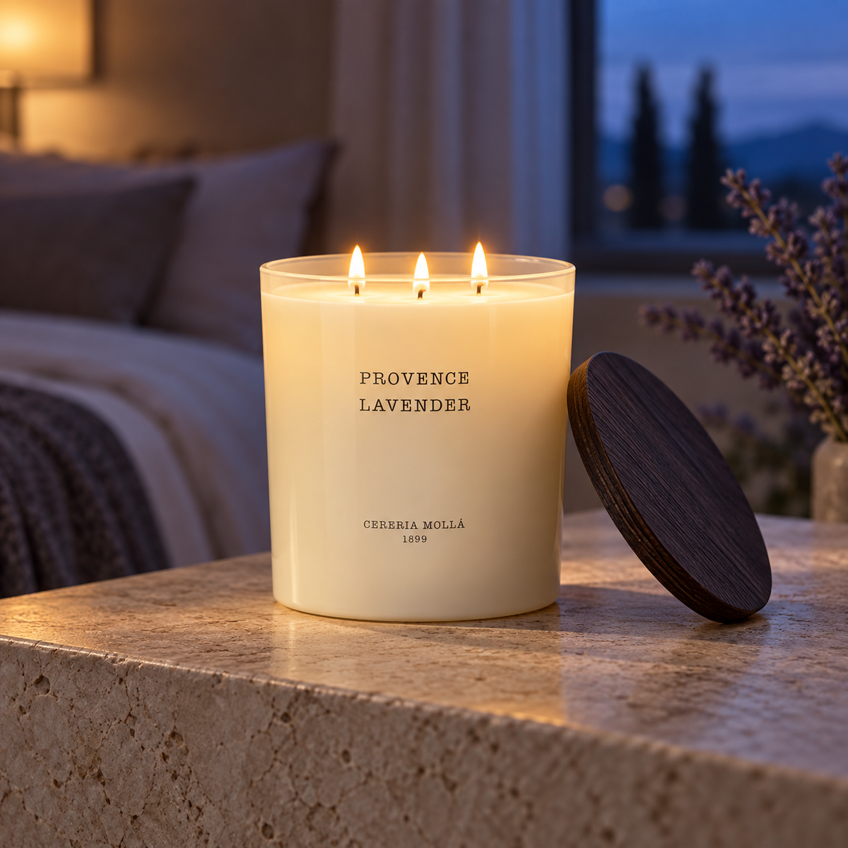 Cereria Molla Provence Lavender XL three-wick candle in an elegant evening interior