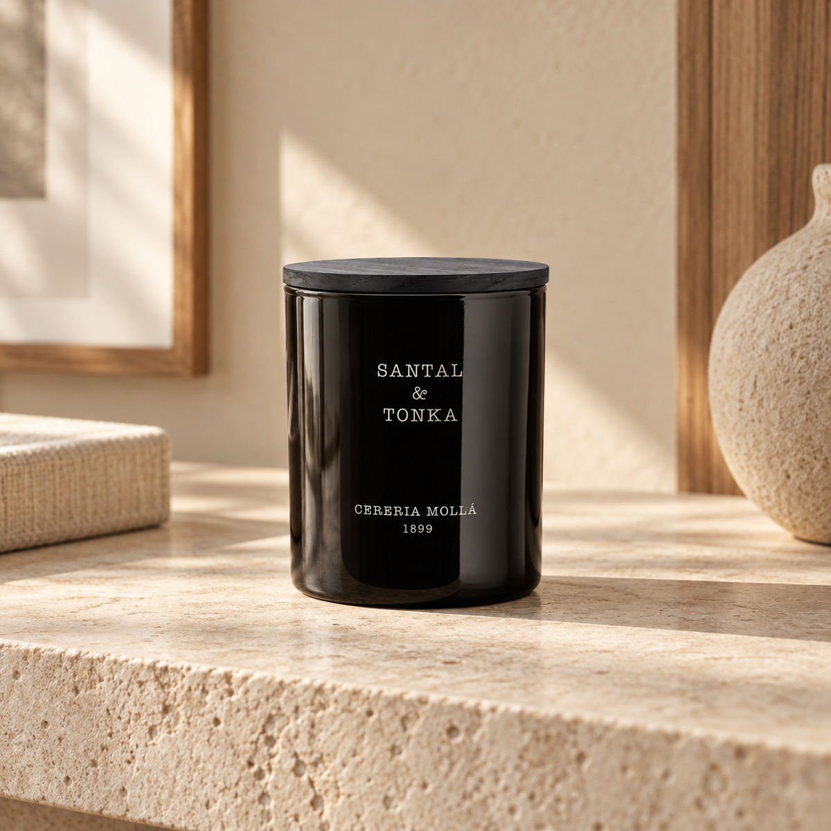 Cereria Molla Santal & Tonka 230 g candle in a sunlit luxury interior