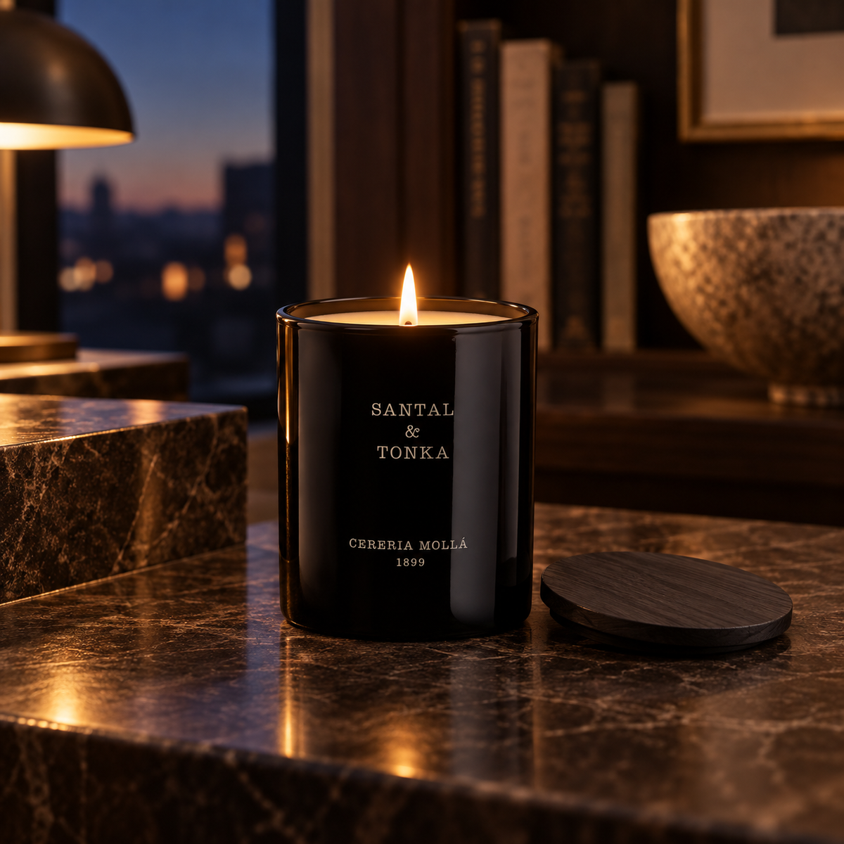 Cereria Molla Santal & Tonka 230 g candle in an elegant evening interior