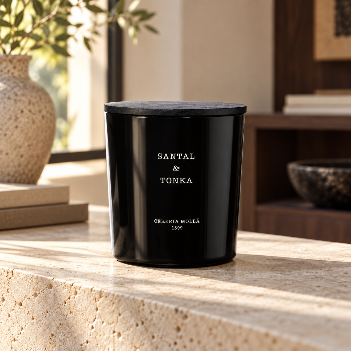 Cereria Molla Santal & Tonka XL candle in a sunlit luxury interior