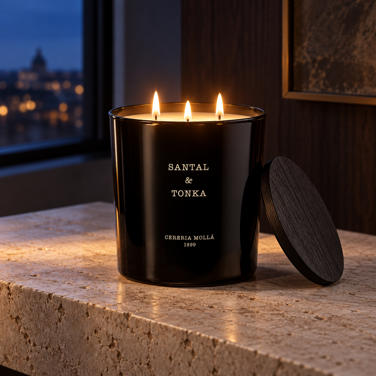 Cereria Molla Santal & Tonka XL three-wick candle in an elegant evening interior