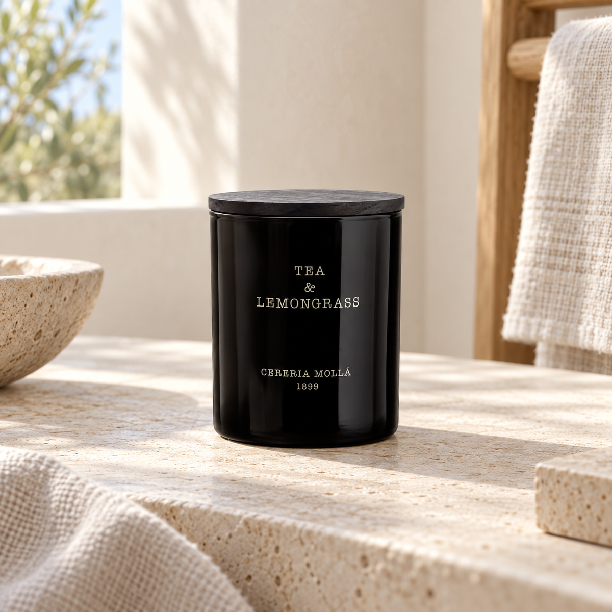 Cereria Molla Tea & Lemongrass 230 g candle in a sunlit luxury interior