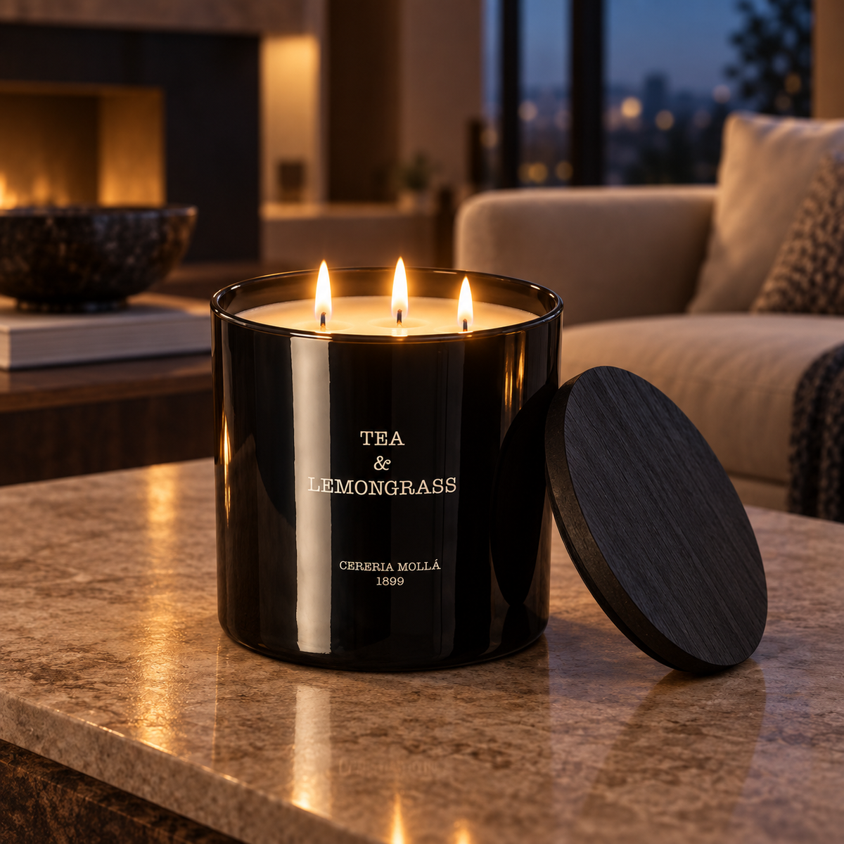 Cereria Molla Tea & Lemongrass XL three-wick candle in an elegant evening interior