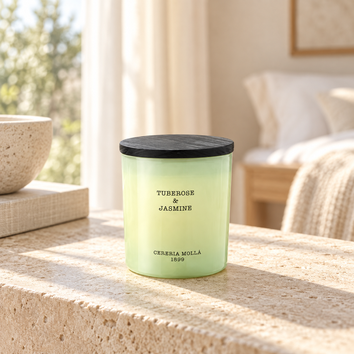 Cereria Molla Tuberose & Jasmine 230 g candle in a sunlit luxury interior