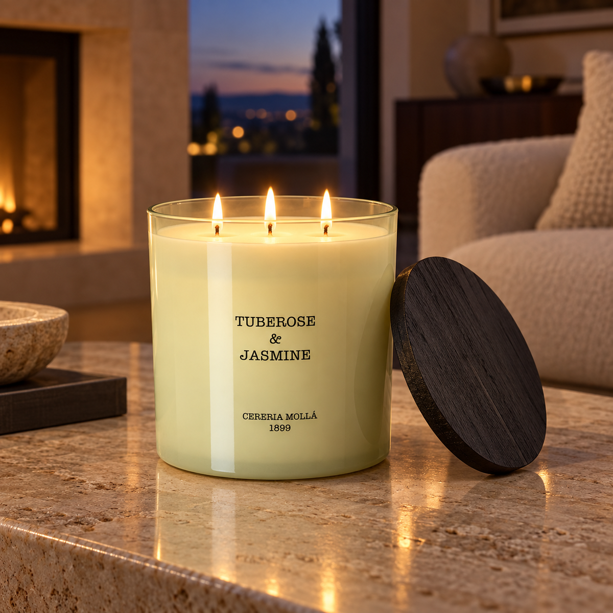 Cereria Molla Tuberose & Jasmine XL three-wick candle in an elegant evening interior