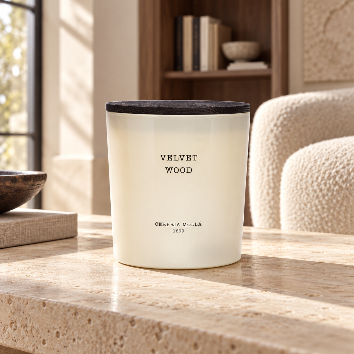 Cereria Molla Velvet Wood Ivory XL candle in a sunlit luxury interior