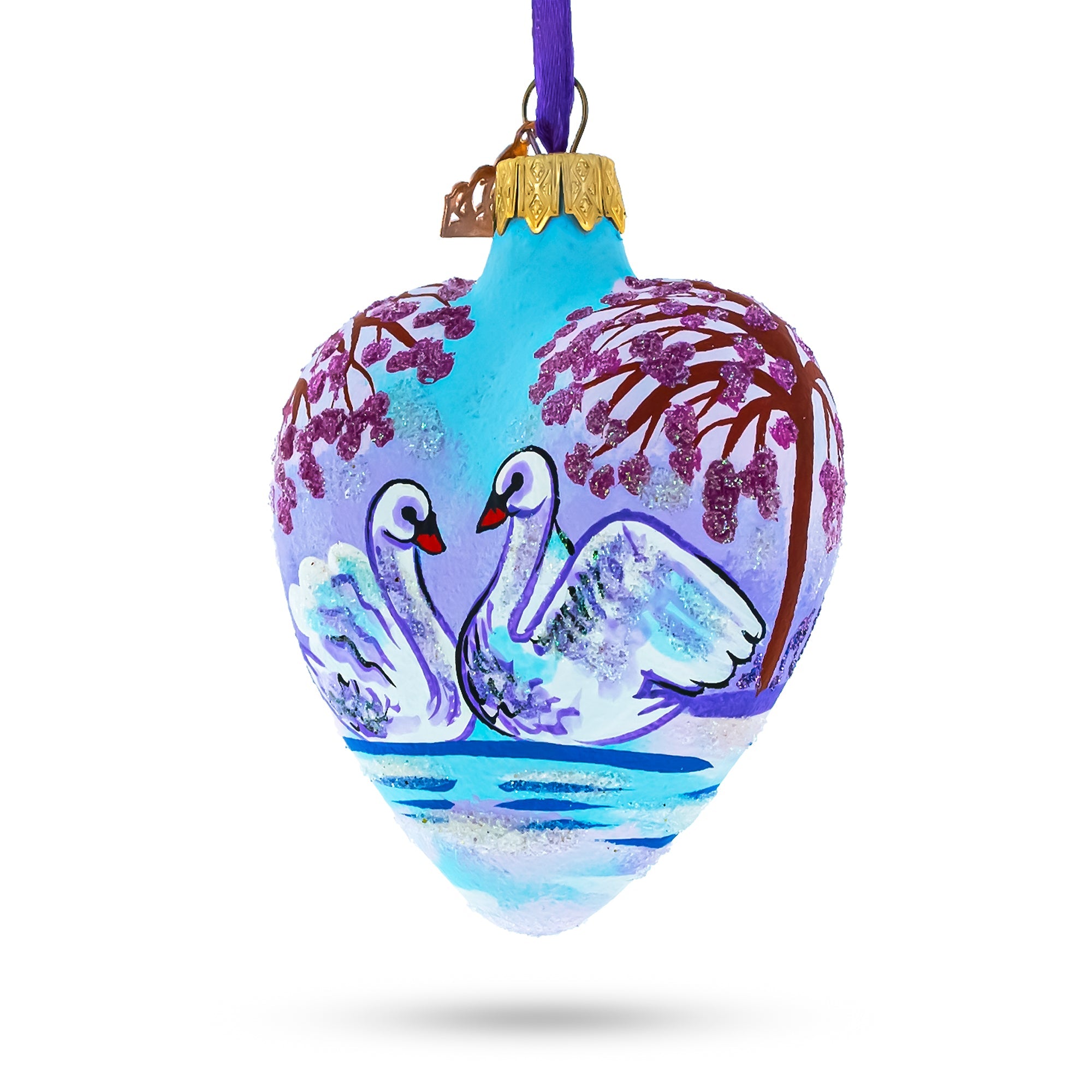 Swans In Love Glass Heart Christmas Ornament