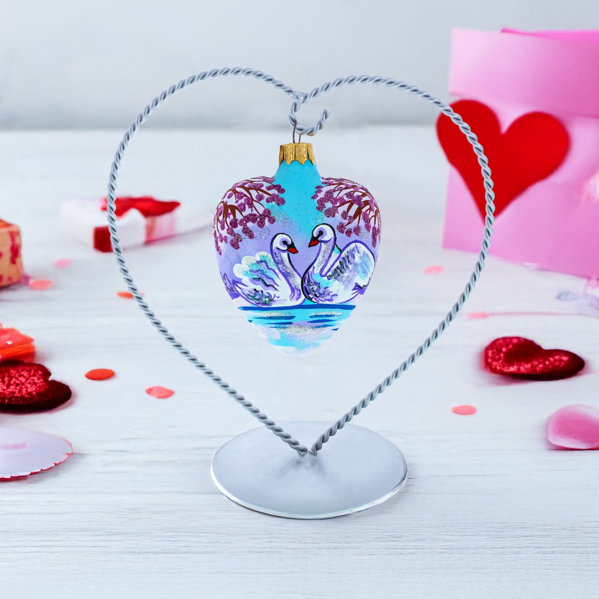 Swans In Love Glass Heart Christmas Ornament
