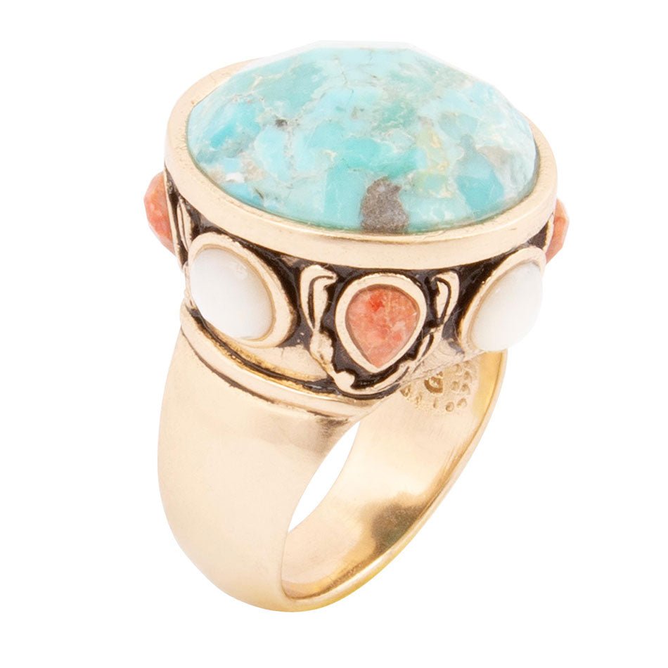 Champs Blue Turquoise and Coral Golden Statement Ring Barse Jewelry
