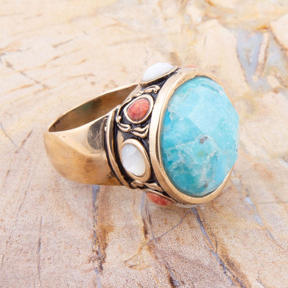 Champs Blue Turquoise and Coral Golden Statement Ring Barse Jewelry