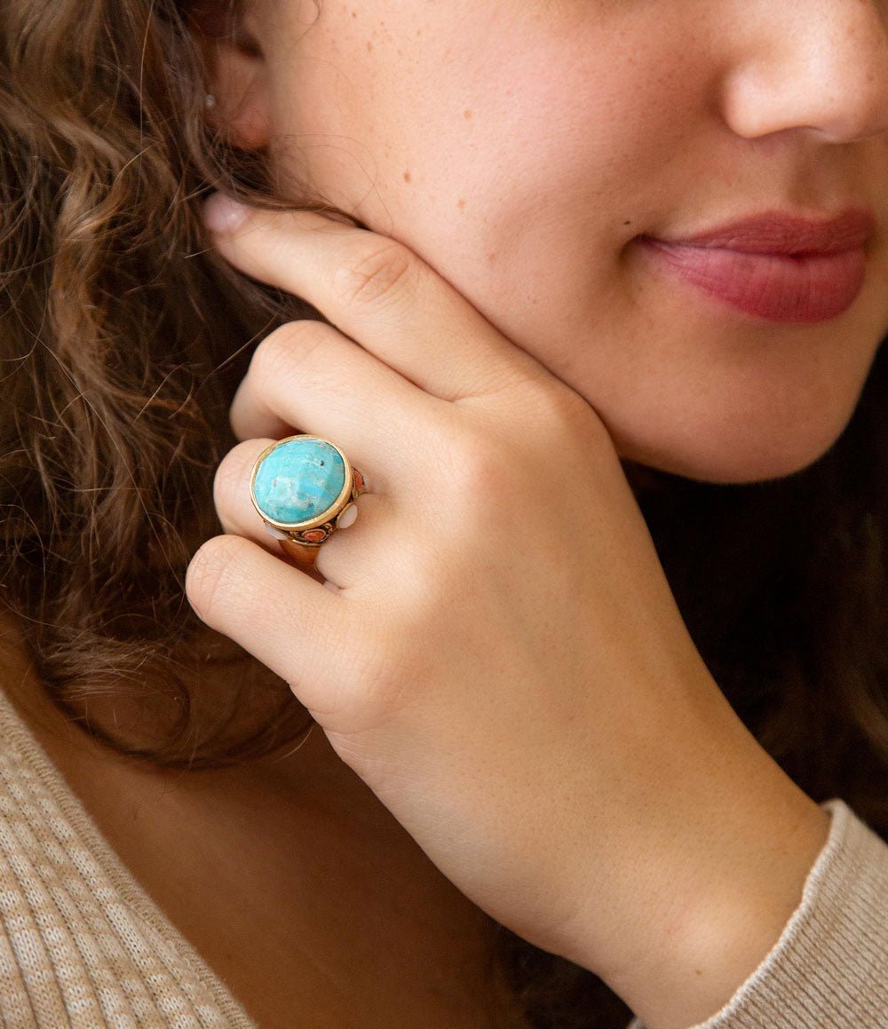 Champs Blue Turquoise and Coral Golden Statement Ring Barse Jewelry