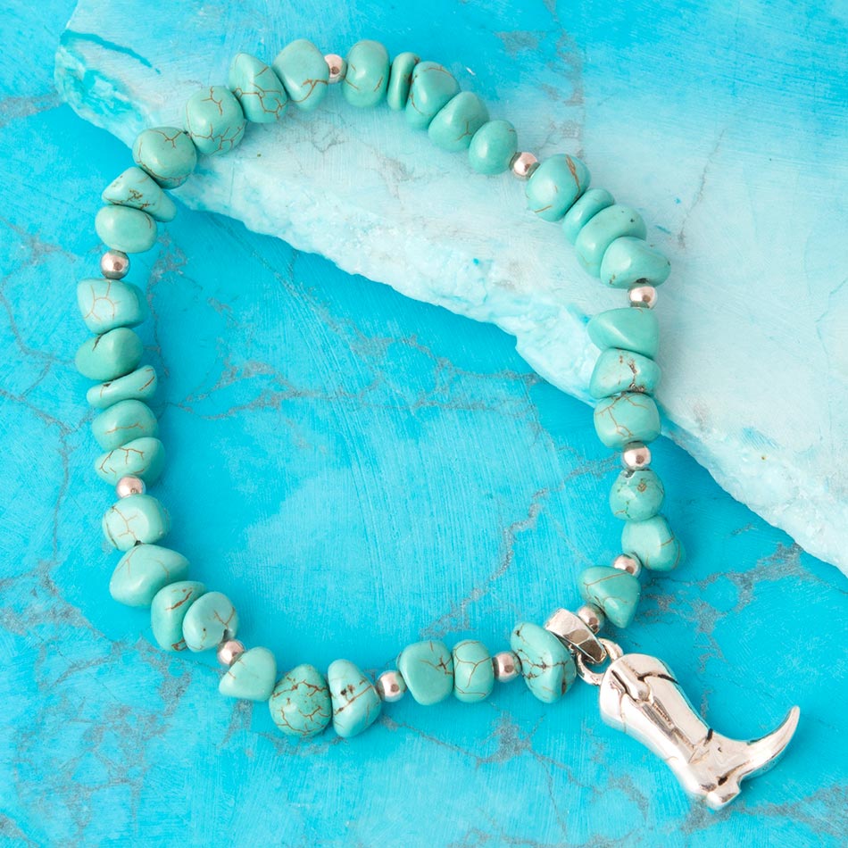 Cowgirl Up Blue Turquoise Sterling Silver Boot Charm Stretch Bracelet Barse Jewelry