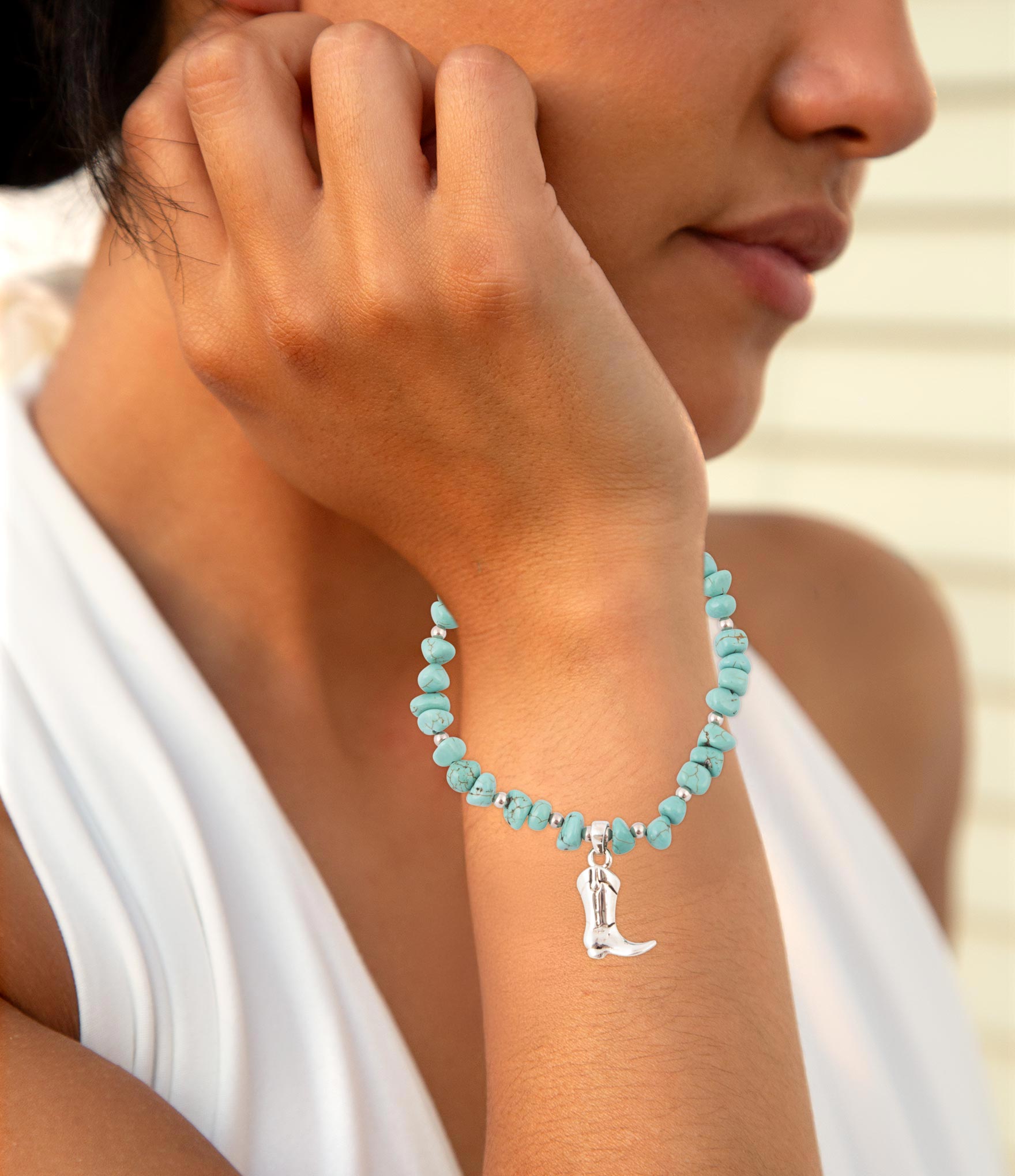 Cowgirl Up Blue Turquoise Sterling Silver Boot Charm Stretch Bracelet Barse Jewelry