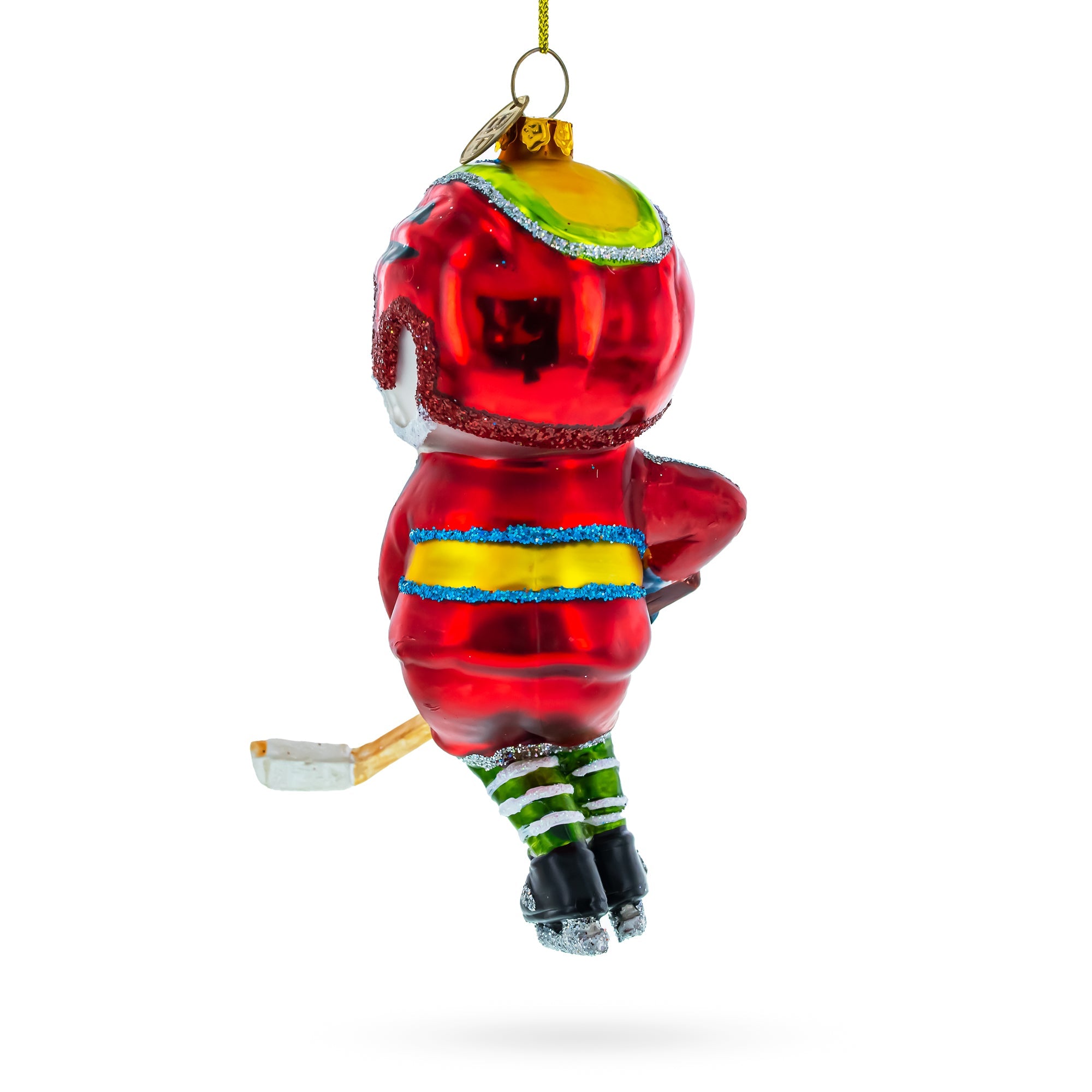 Energetic Snowman Playing Hockey Glass Christmas Ornament