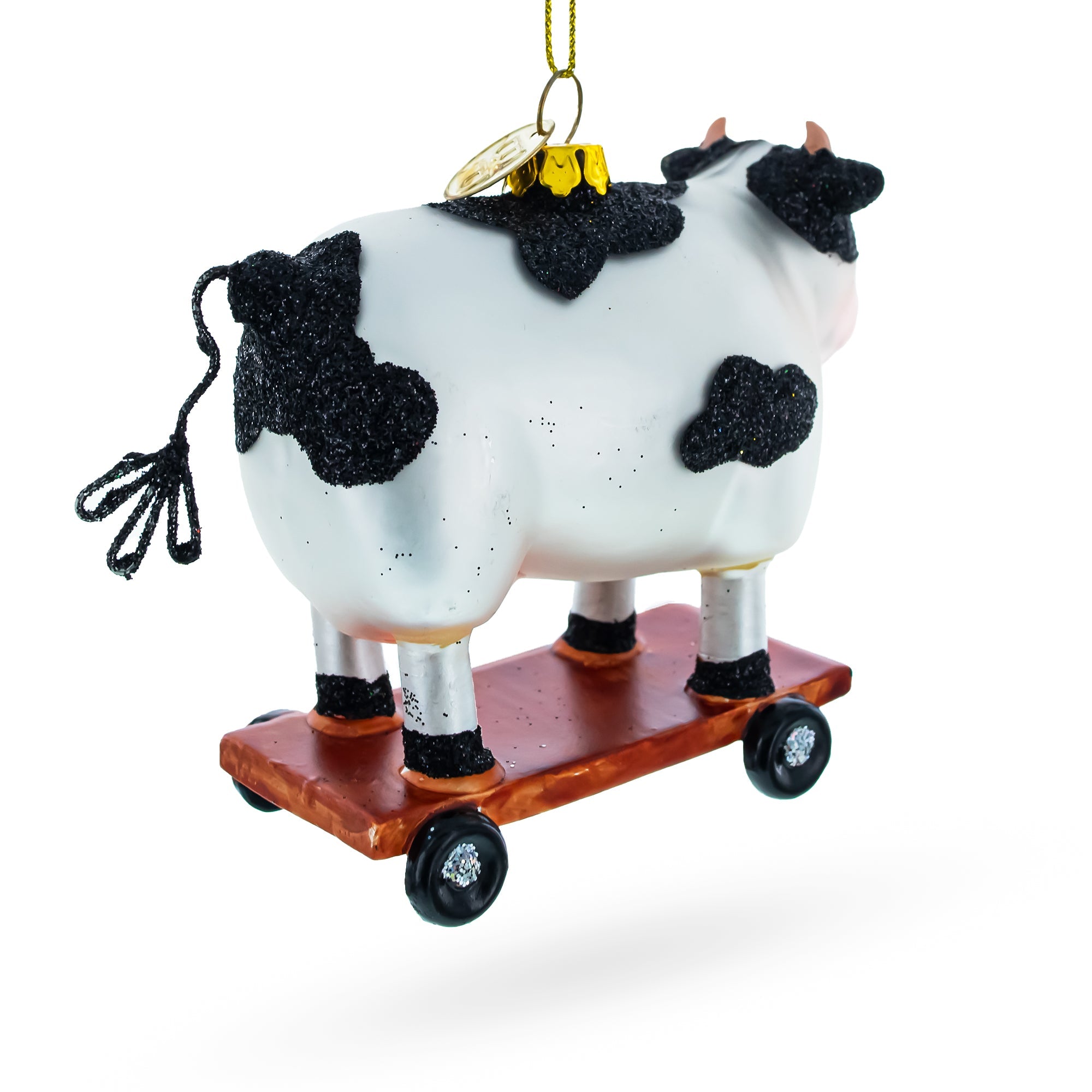 Spotted Cow Ice Skating Glass Christmas Ornament