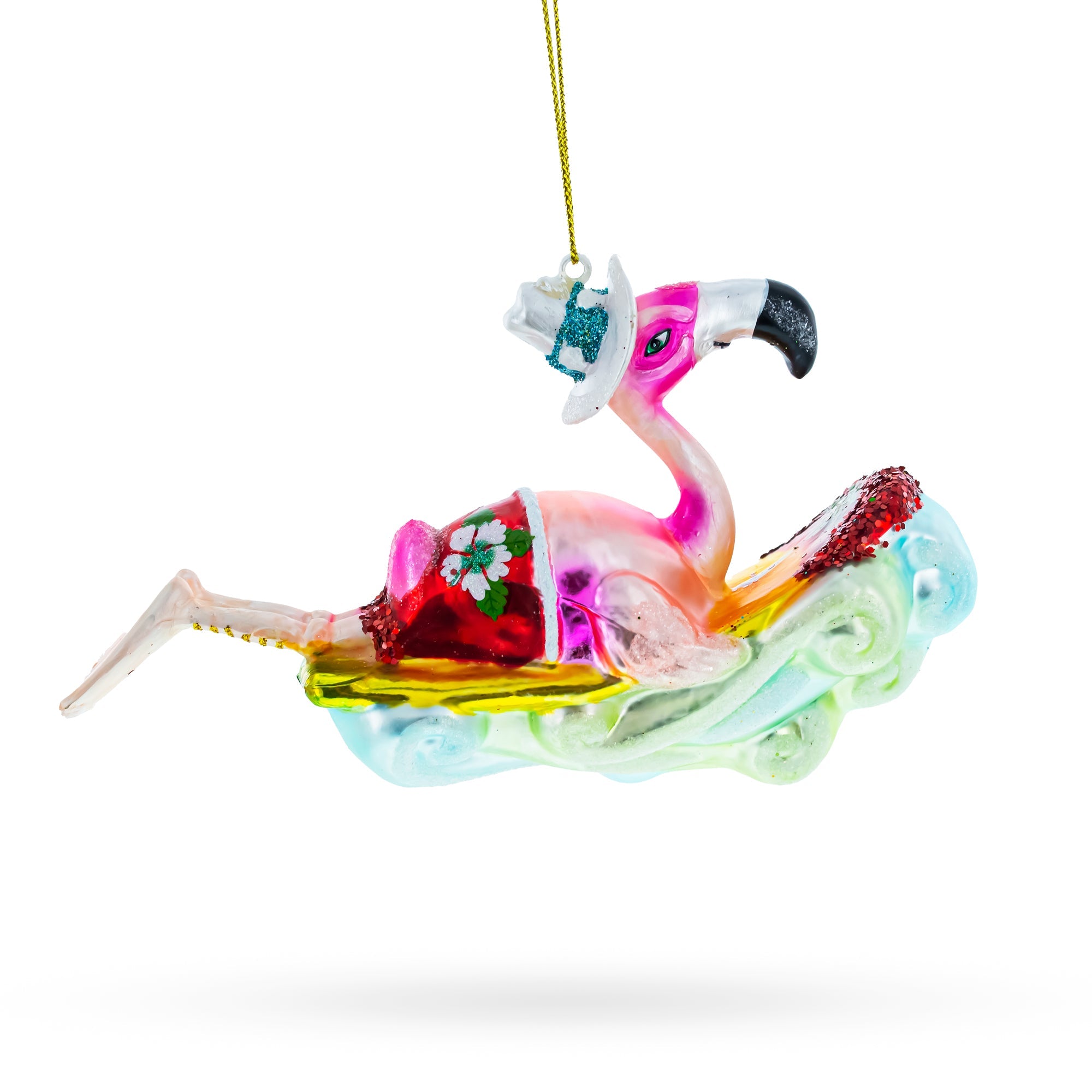 Pink Flamingo Riding a Surf Wave Glass Christmas Ornament