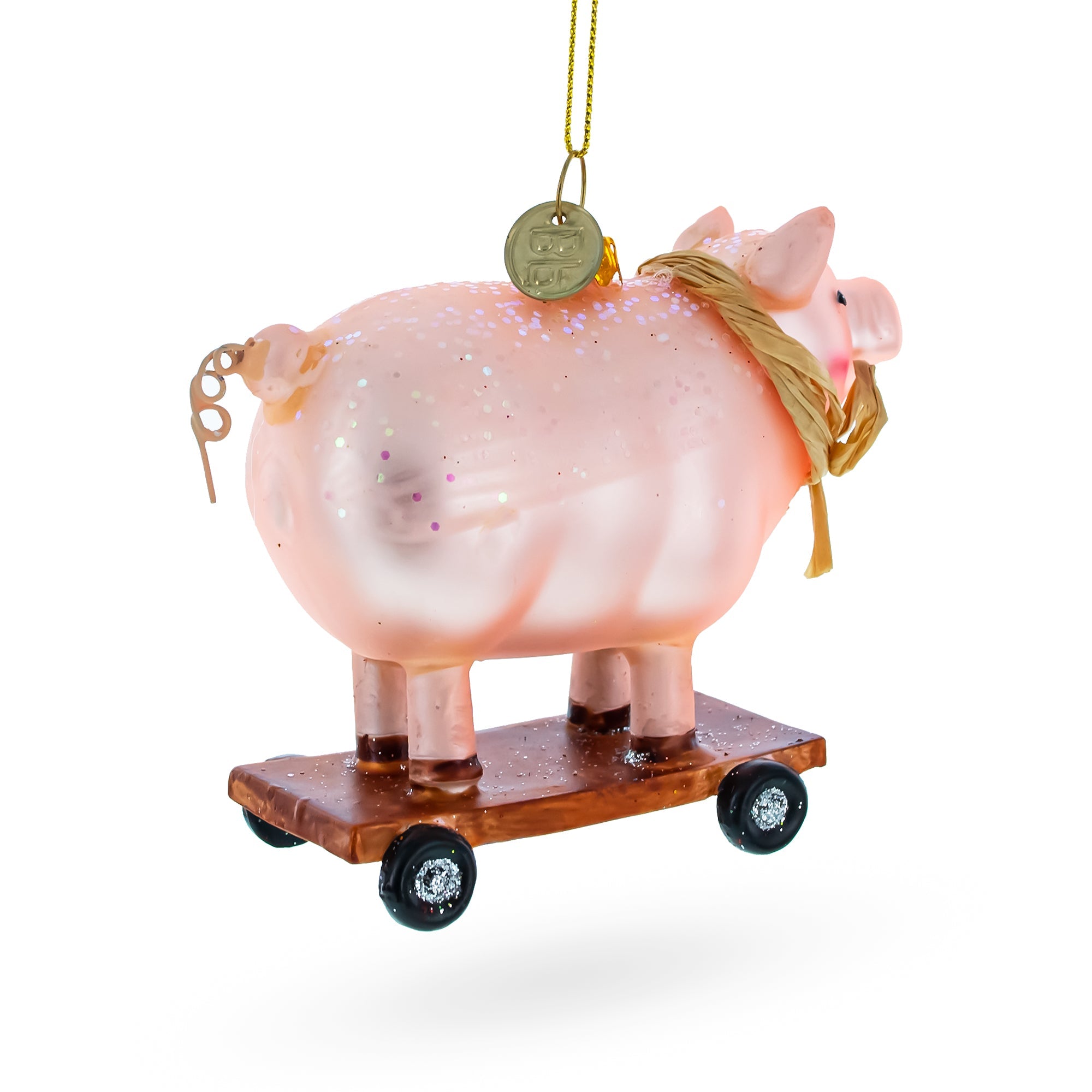 Pig Riding a Skateboard Glass Christmas Ornament