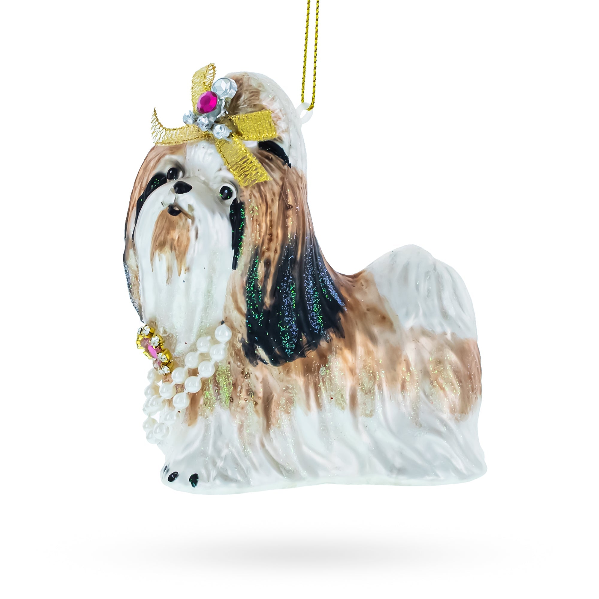 Shih Tzu with Pearls Glass Christmas Ornament
