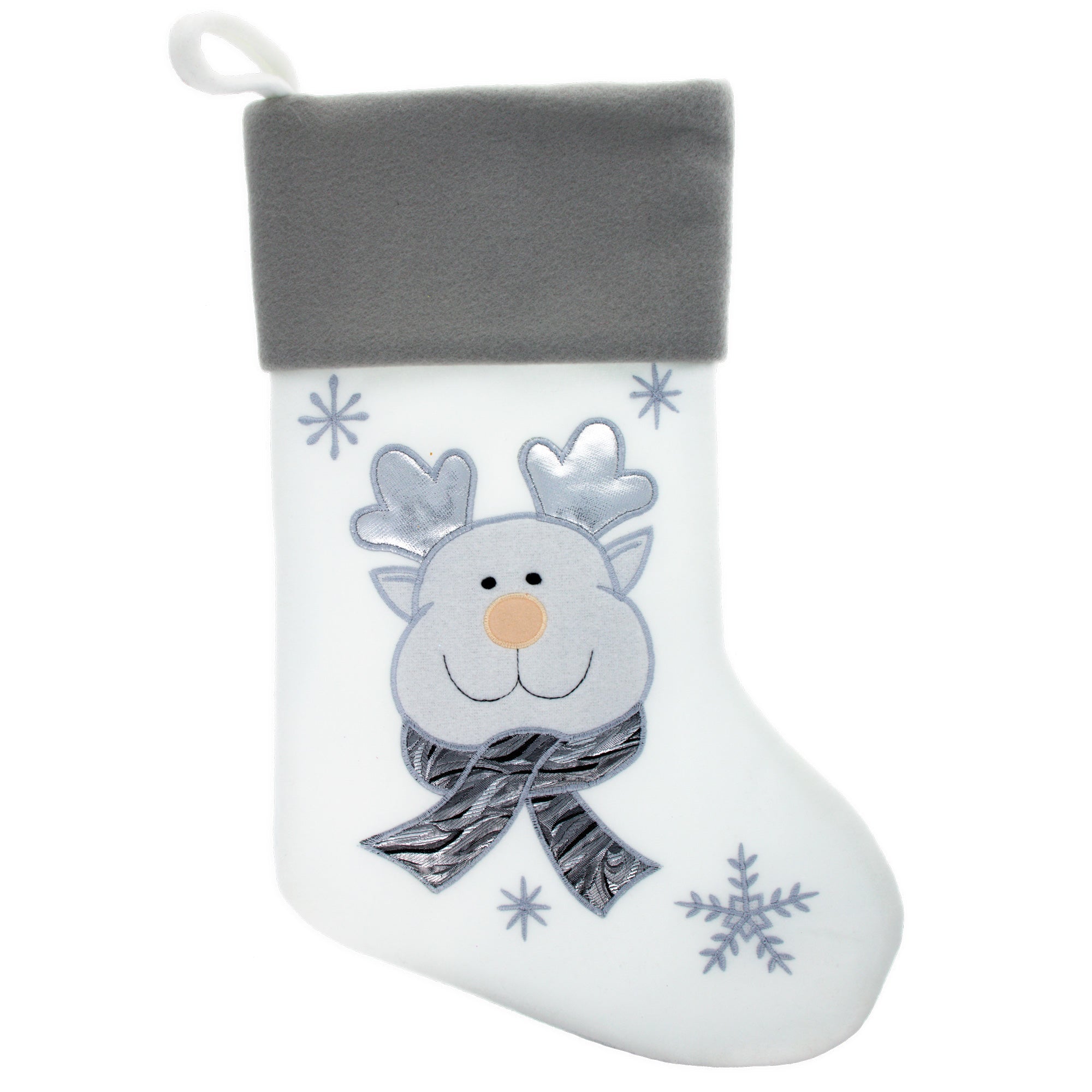 Set of 3 Gold and Silver, on White Felt Santa, Reindeer Christmas Stockings 15 Inches