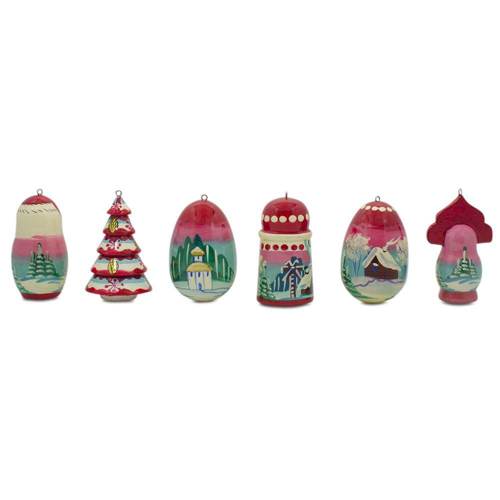 6 Christmas Tree, Snowman, Santa, Village House, Wooden Doll Christmas Ornaments BestPysanky