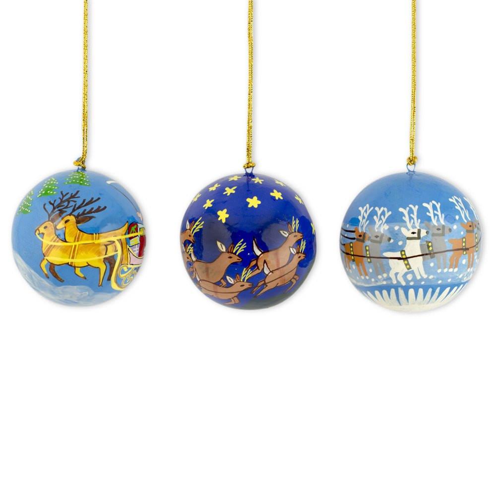 Set of 3 Santa Sleigh Reindeer Wooden Christmas Ball Ornaments BestPysanky